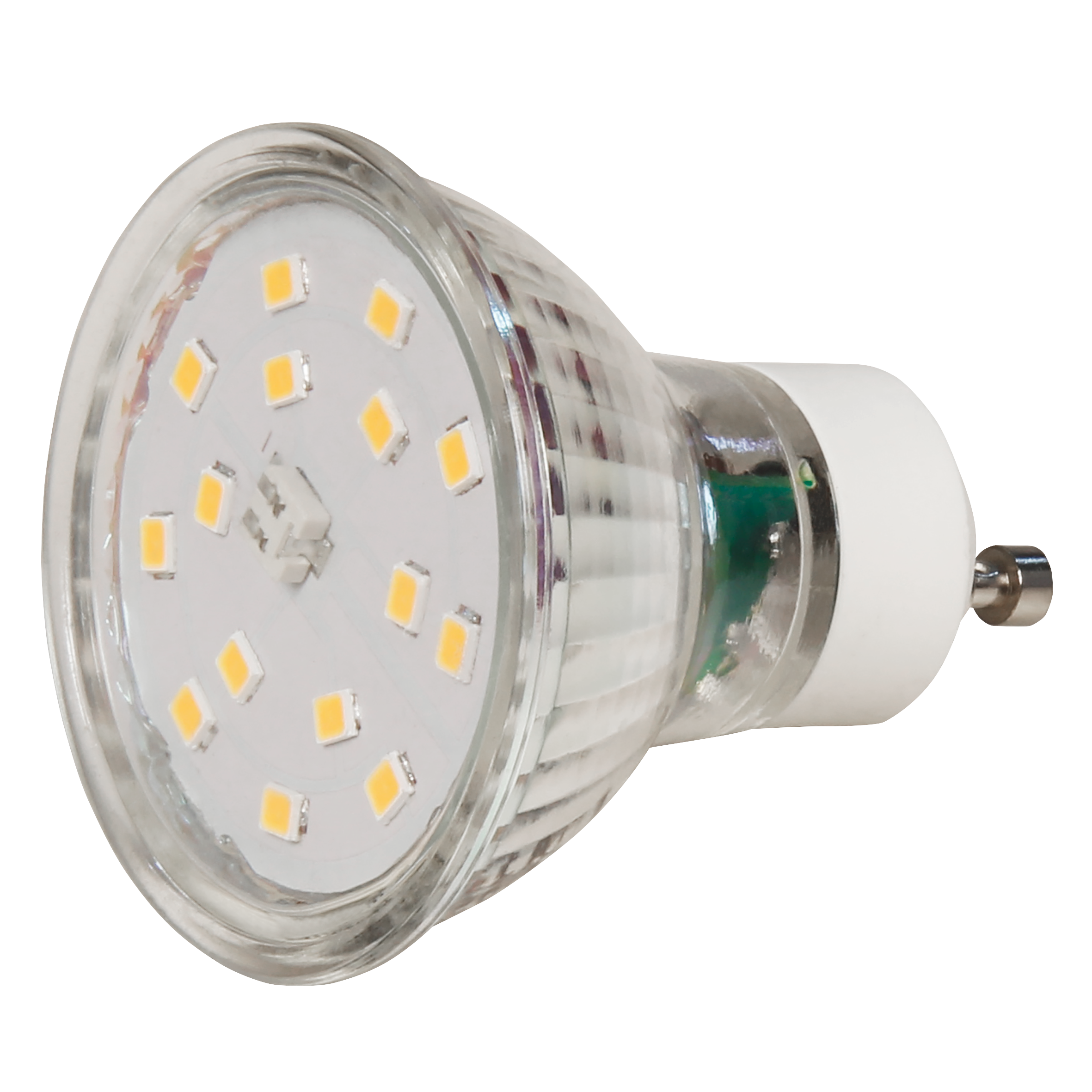 Eine klare LED-Glühbirne mit gelben LEDs, vor schwarzem Hintergrund.