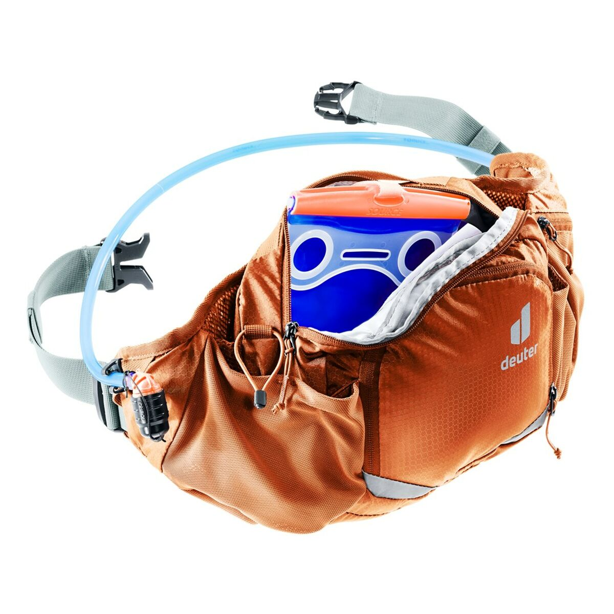Orangene Deuter Hüfttasche mit Wasserflasche und Trinkschlauch, von oben betrachtet.