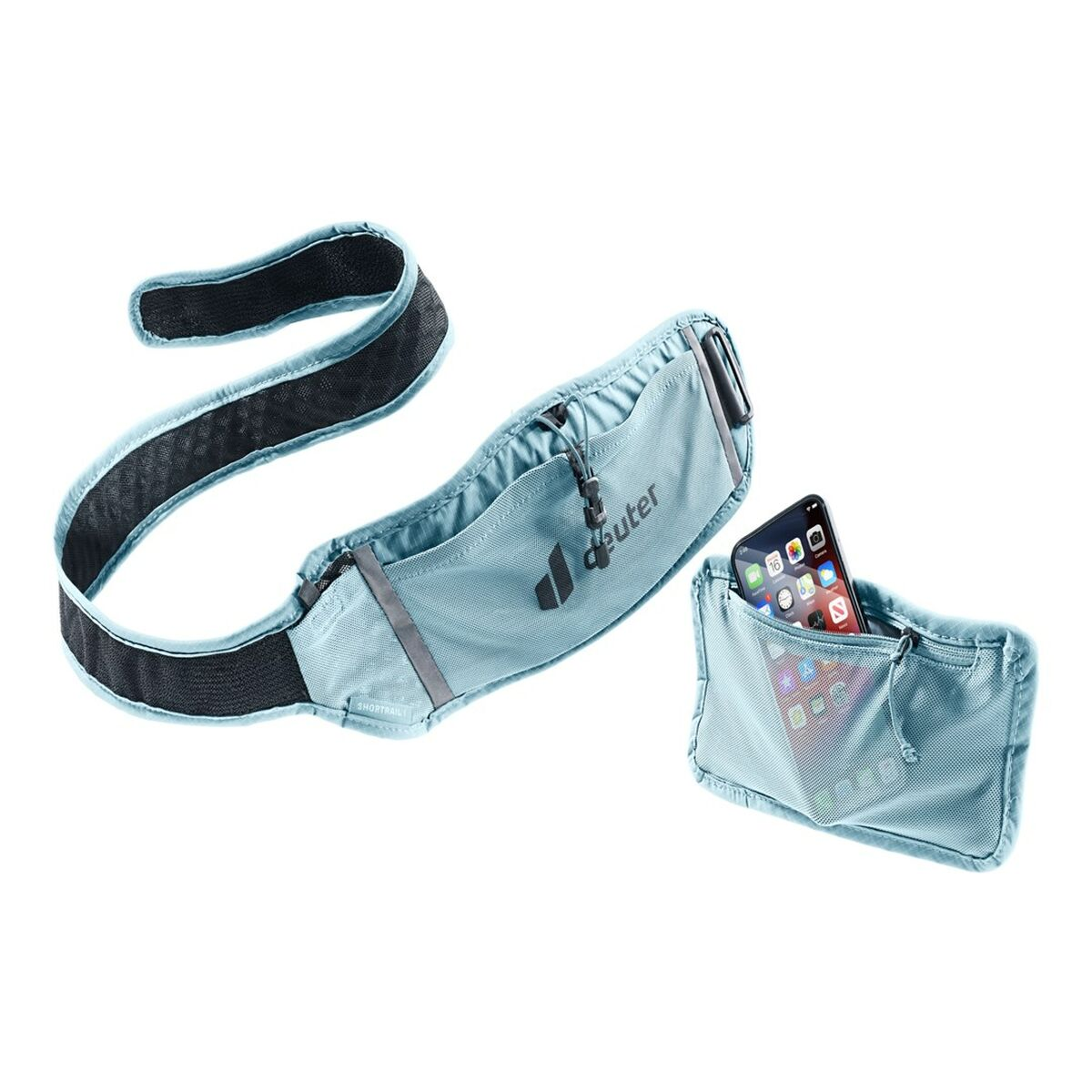 Blauer Deuter Laufgürtel mit Telefon in der Tasche.