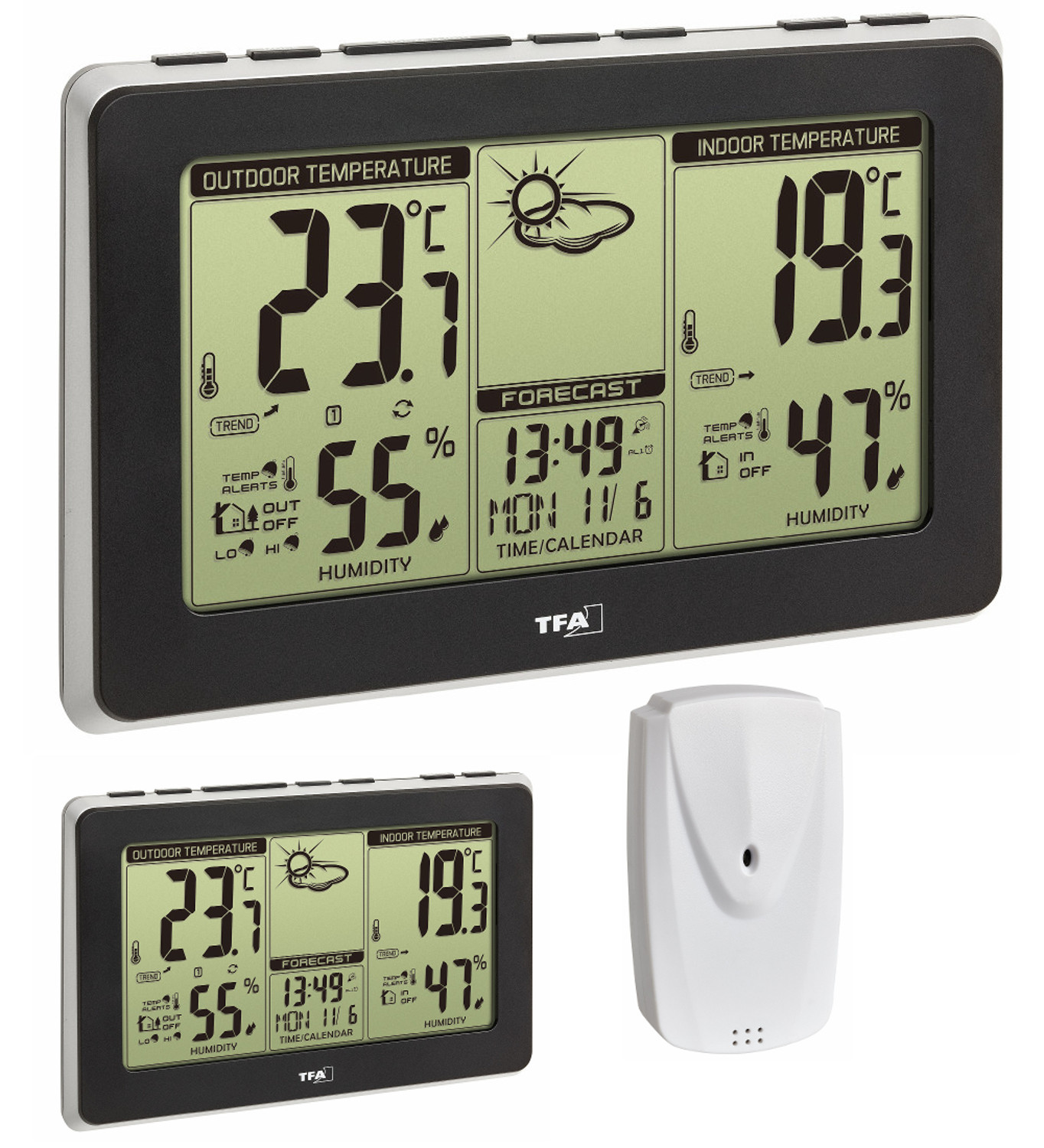 Digitale Wetterstation mit Außen- und Innentemperatur, Vorhersage, Luftfeuchtigkeit und Zeit/Datum. Schwarz und weiß.