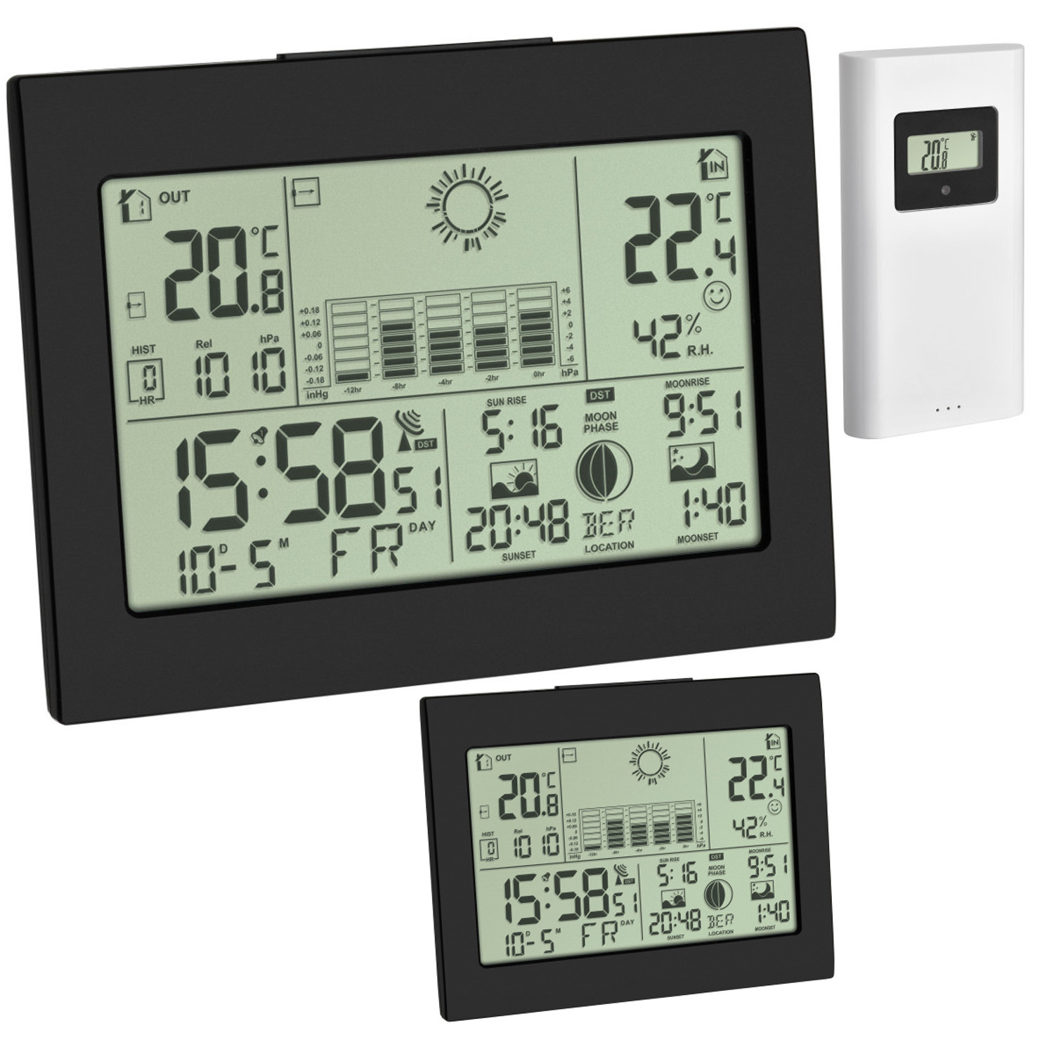 Schwarz-weiße Wetterstation mit Temperatur-, Zeit- und Wetteranzeige.