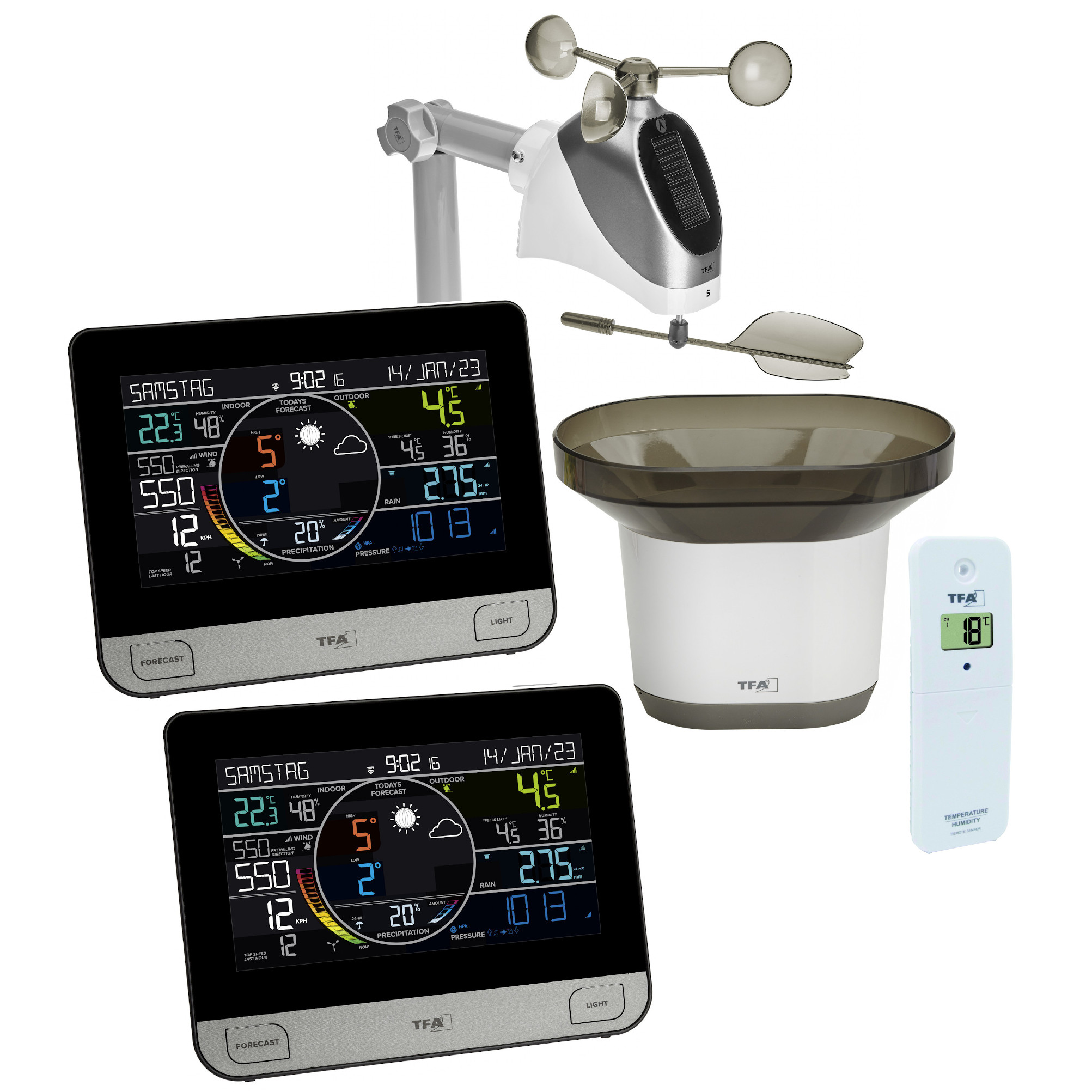 Wetterstation mit zwei Displays, Windfahne, Regenmesser und Fernsensor.