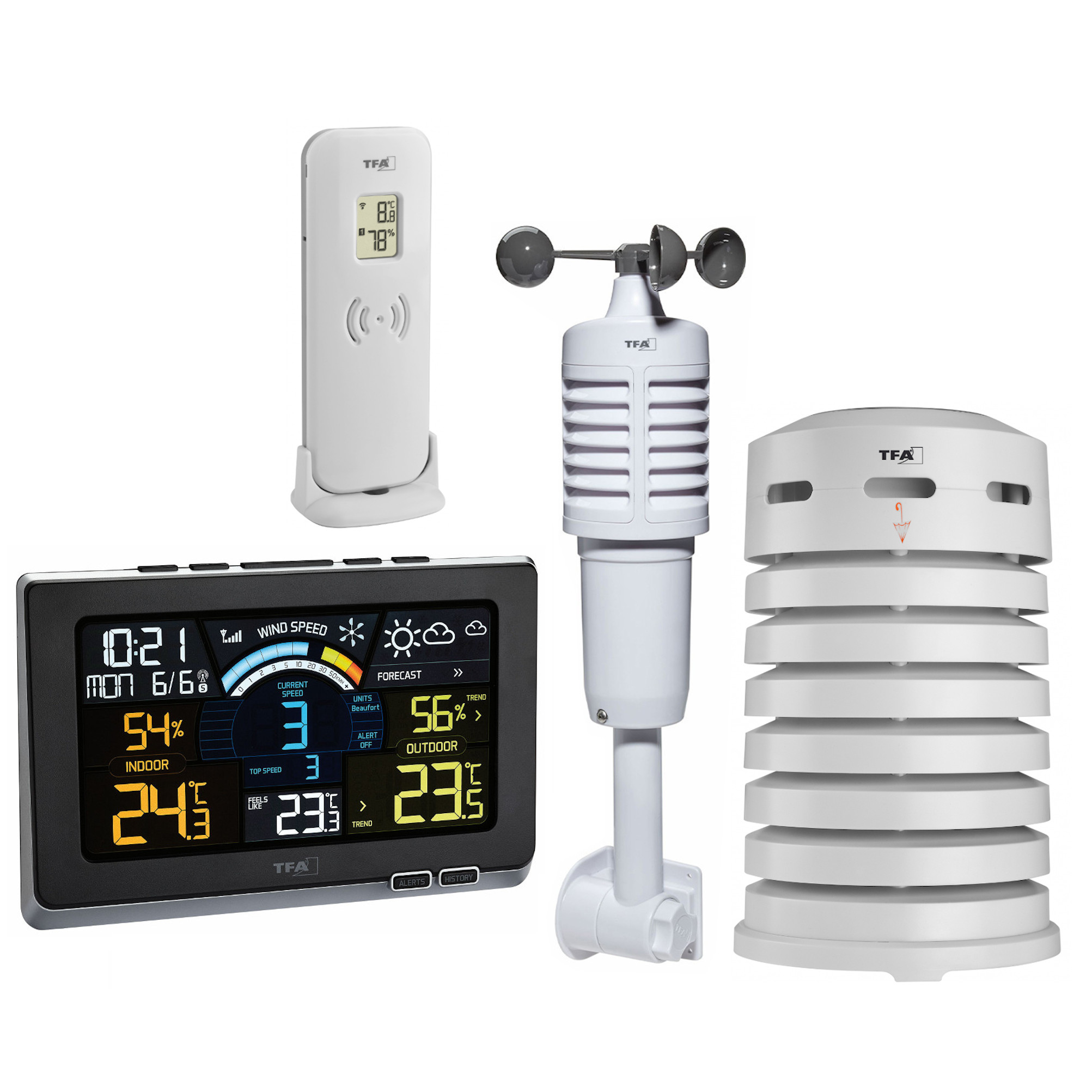 Eine Wetterstation mit Display, Sensoren und Fernbedienung. Weiße und schwarze Farben.