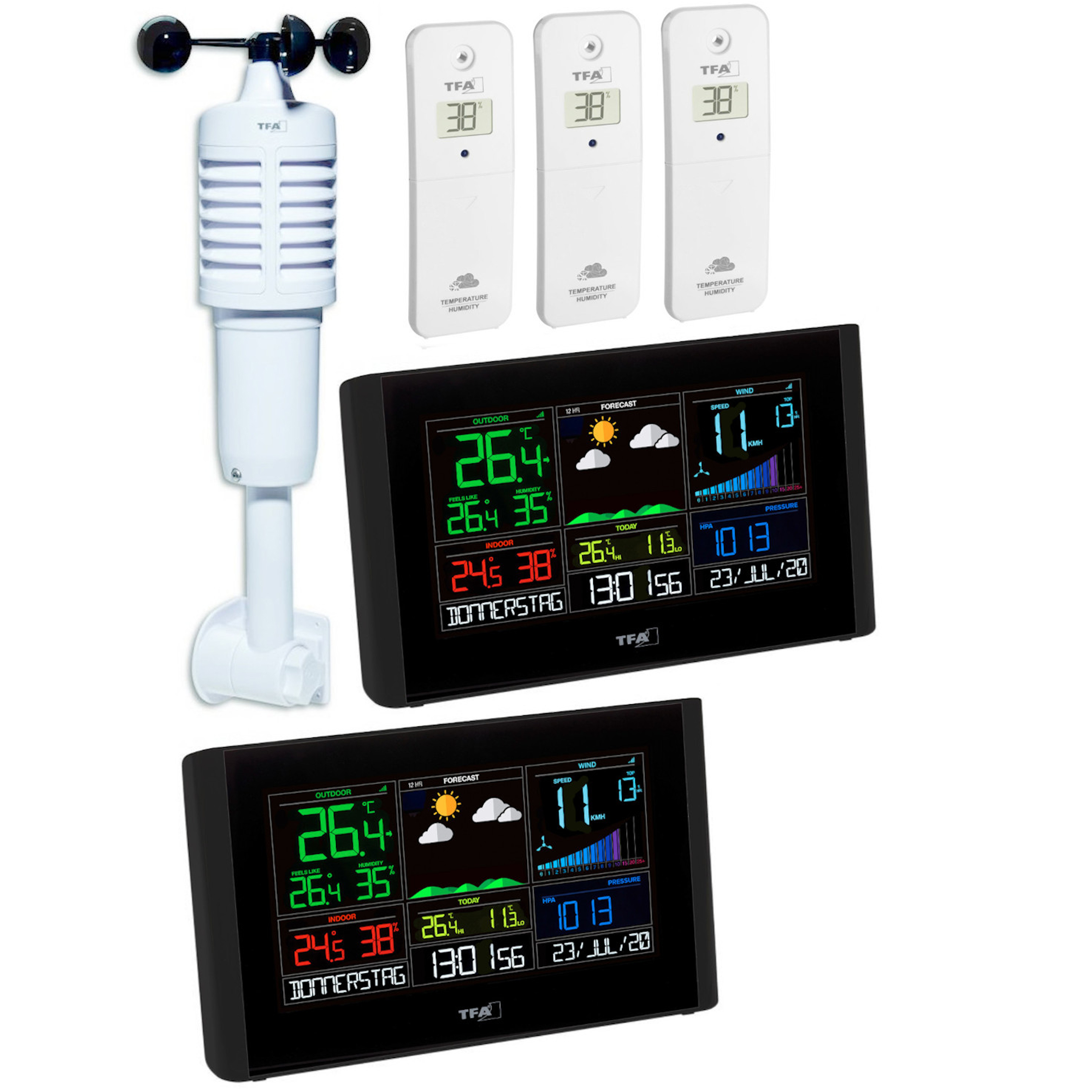 Eine Wetterstation mit zwei Displays, einem Anemometer und drei Temperatur-/Feuchtigkeitssensoren.