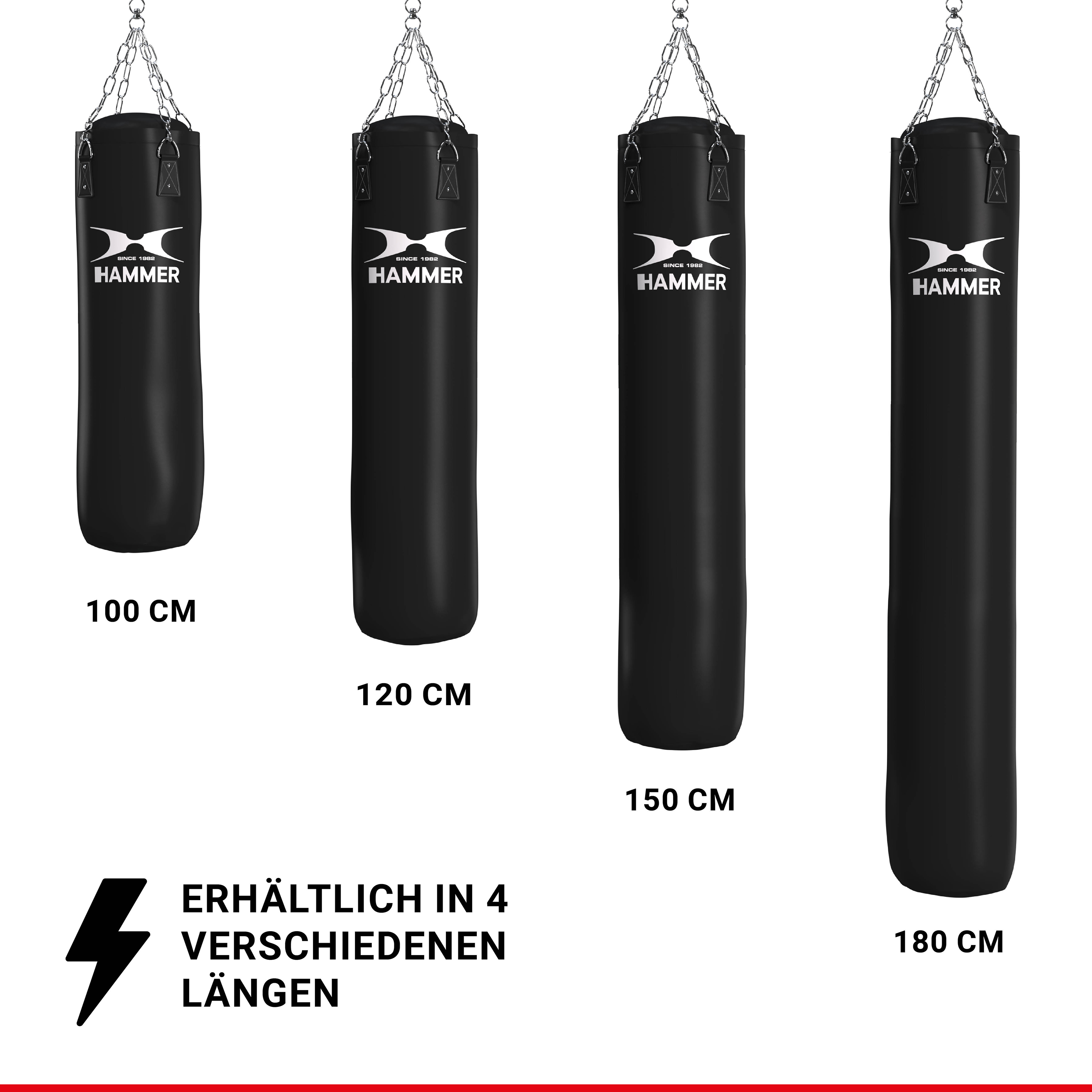 Vier schwarze Boxsäcke in verschiedenen Höhen, mit dem Wort HAMMER darauf.