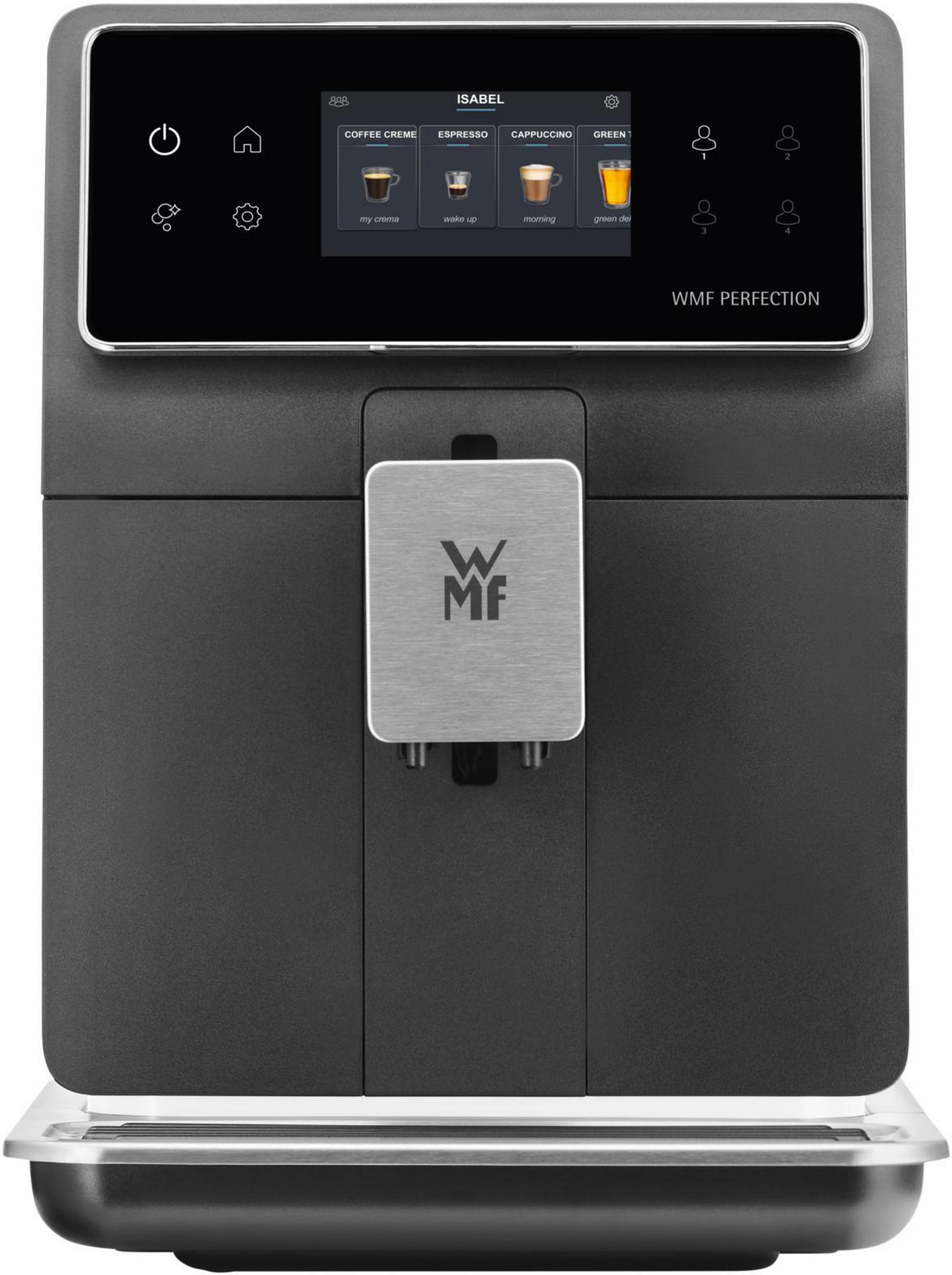 Ciemnoszara maszyna do kawy z ekranem dotykowym i srebrnymi akcentami.