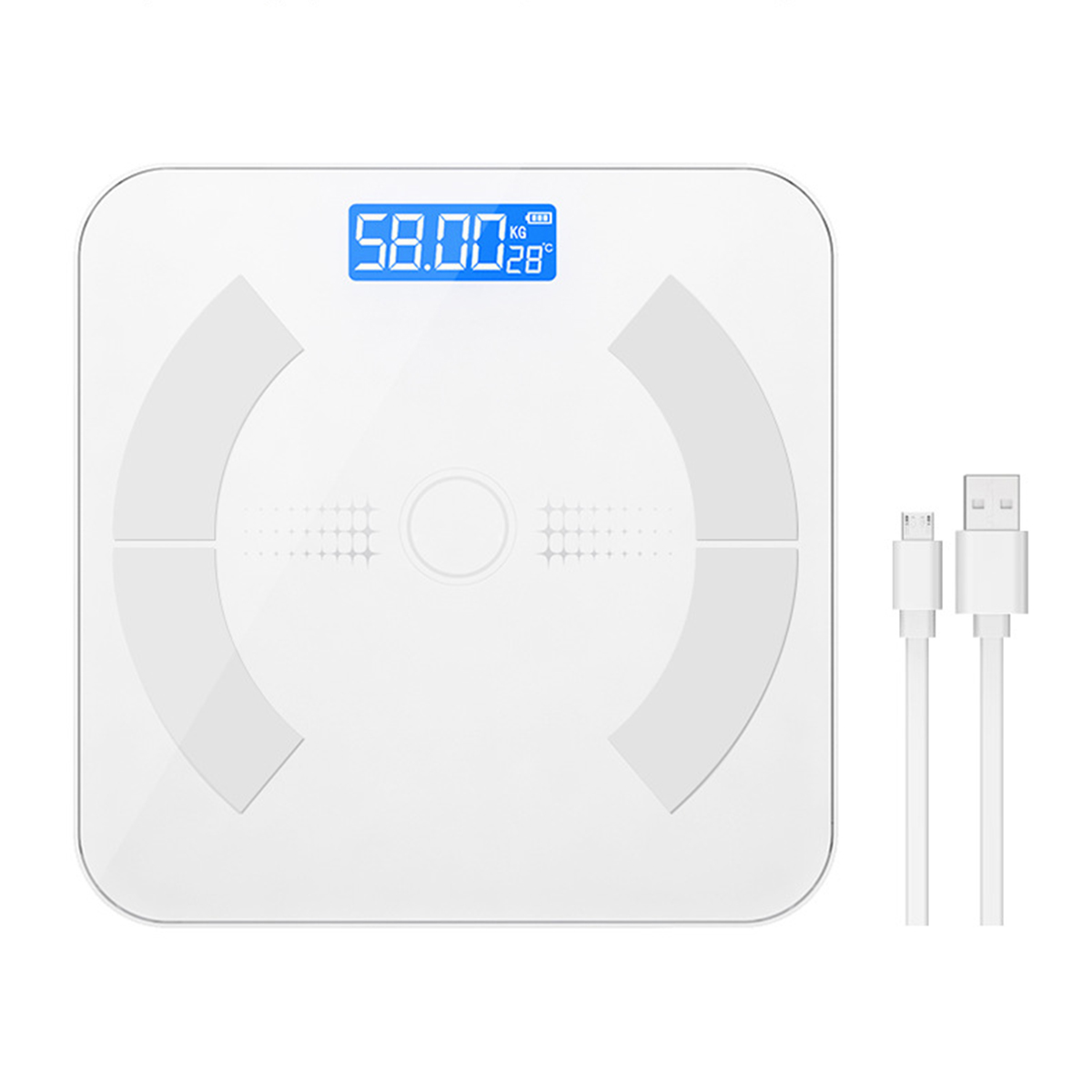 Weiße digitale Badezimmerwaage zeigt 58,00 kg und 28°C, mit einem Ladekabel rechts.