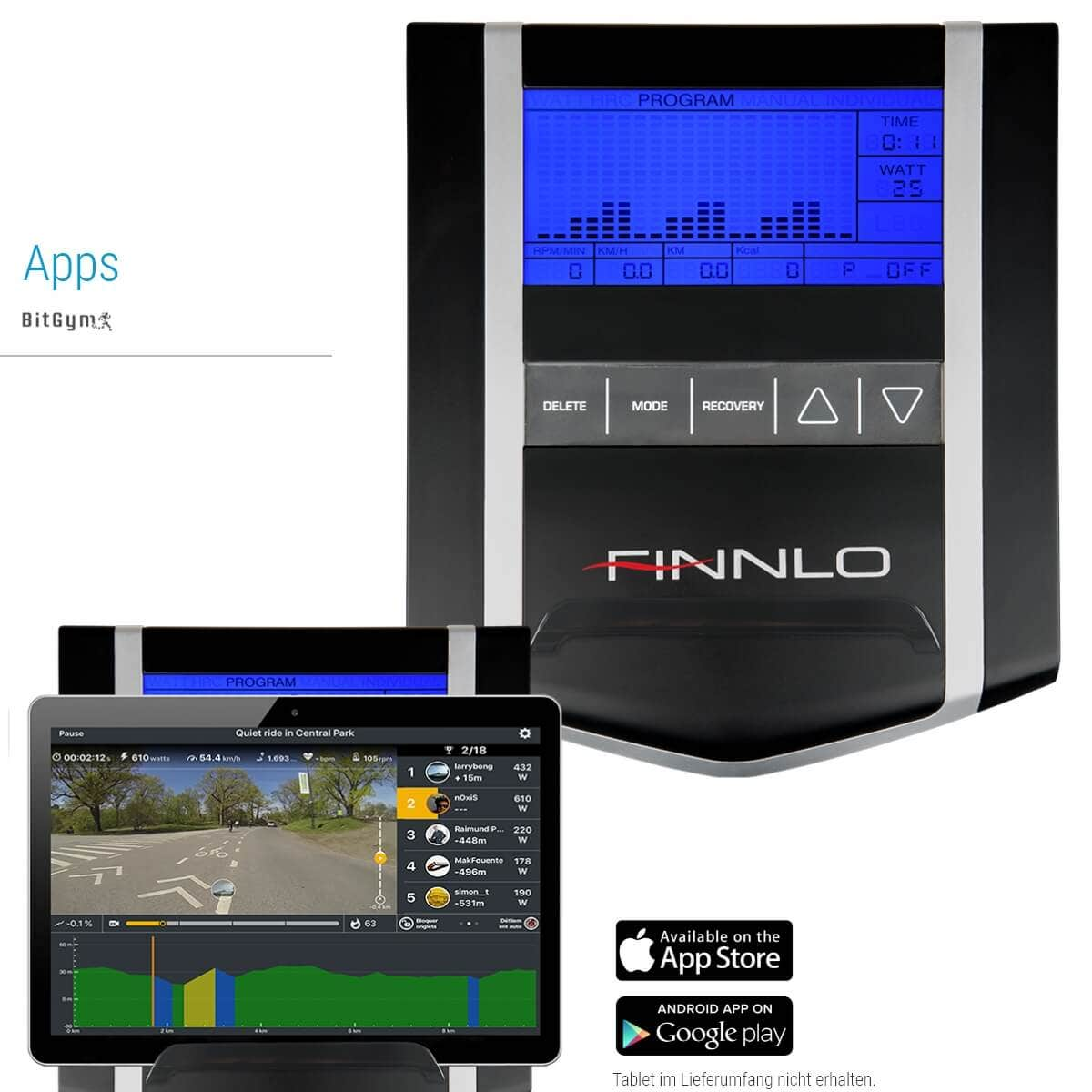 Fahrradtrainer-Bildschirm mit Programmanzeige. Tablet zeigt Karte mit Läufer.