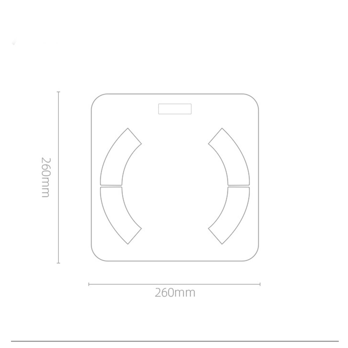 Strichzeichnung einer weißen quadratischen intelligenten Waage, mit Abmessungen 260 mm. Weißer Hintergrund.