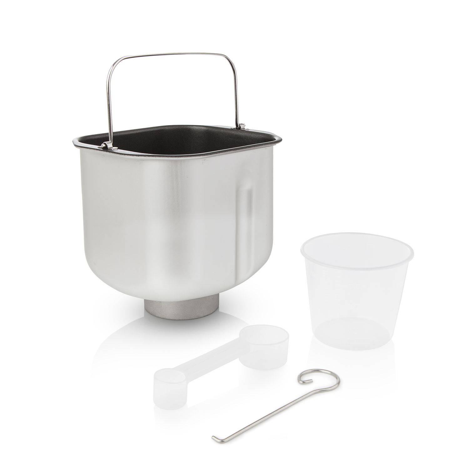 Części do wypieku chleba ze stali nierdzewnej: wiadro, miarka, łyżka i hak.