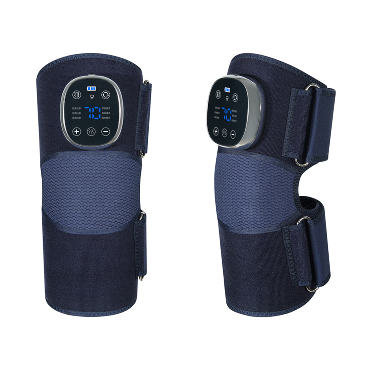 Zwei marineblaue Knieorthesen mit Digitalanzeigen. Beide haben verstellbare Riemen und Polsterung.