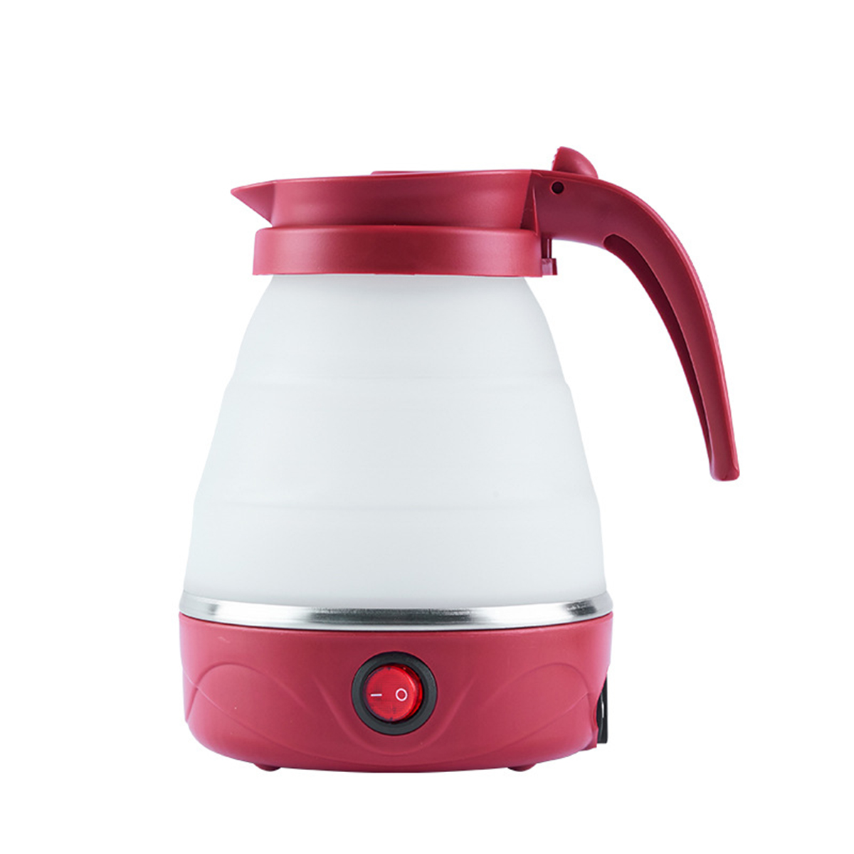 Roter und weißer Wasserkocher mit Griff, Deckel und Power-Taste.