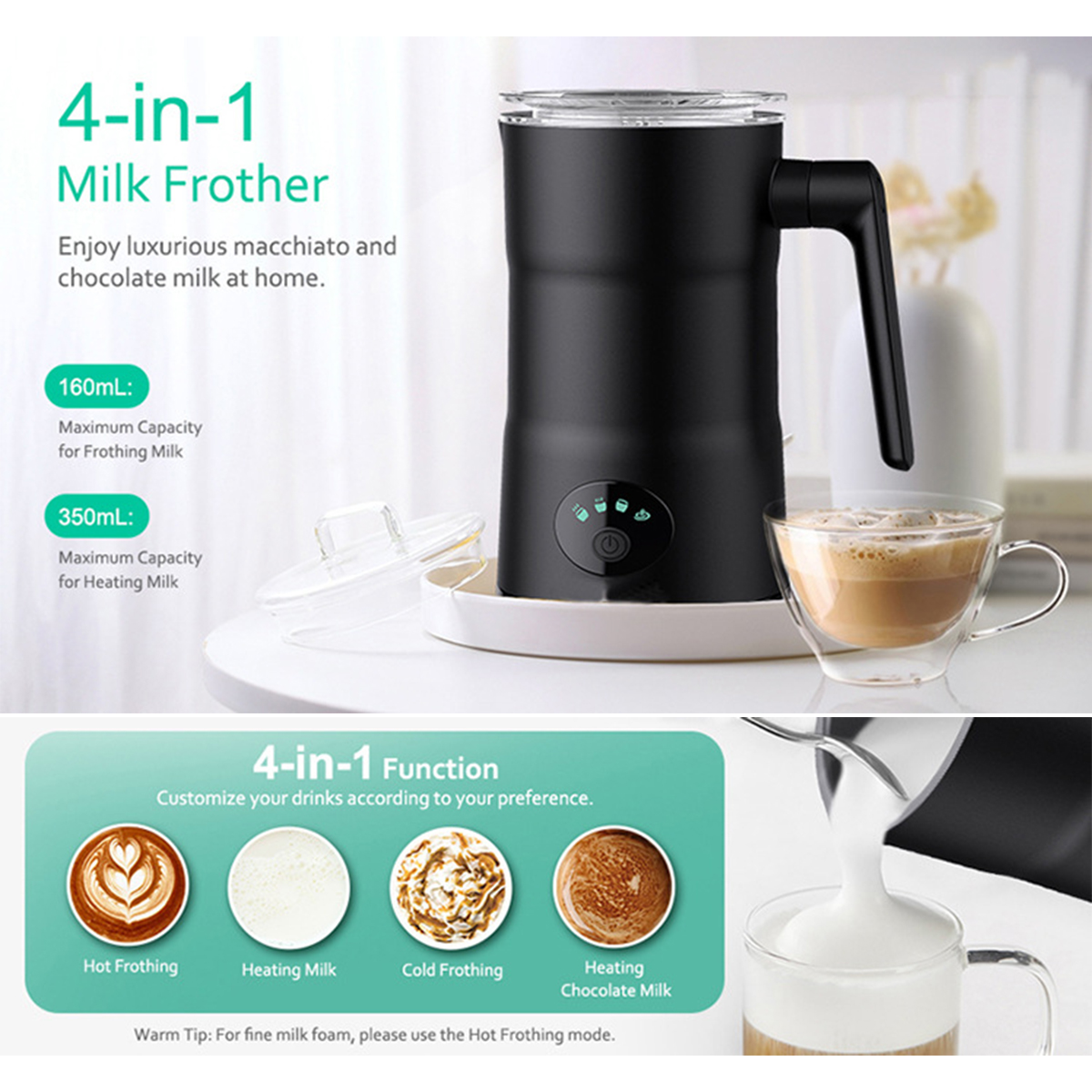 Ein Milchaufschäumer mit einer Tasse Kaffee und Symbolen, die Milchoptionen zeigen.