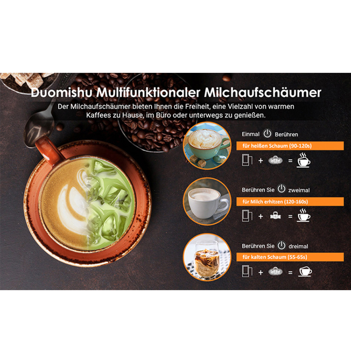 Ein Milchaufschäumer mit Anweisungen. Tasse Kaffee, Milch und Eis. Dunkler Hintergrund.
