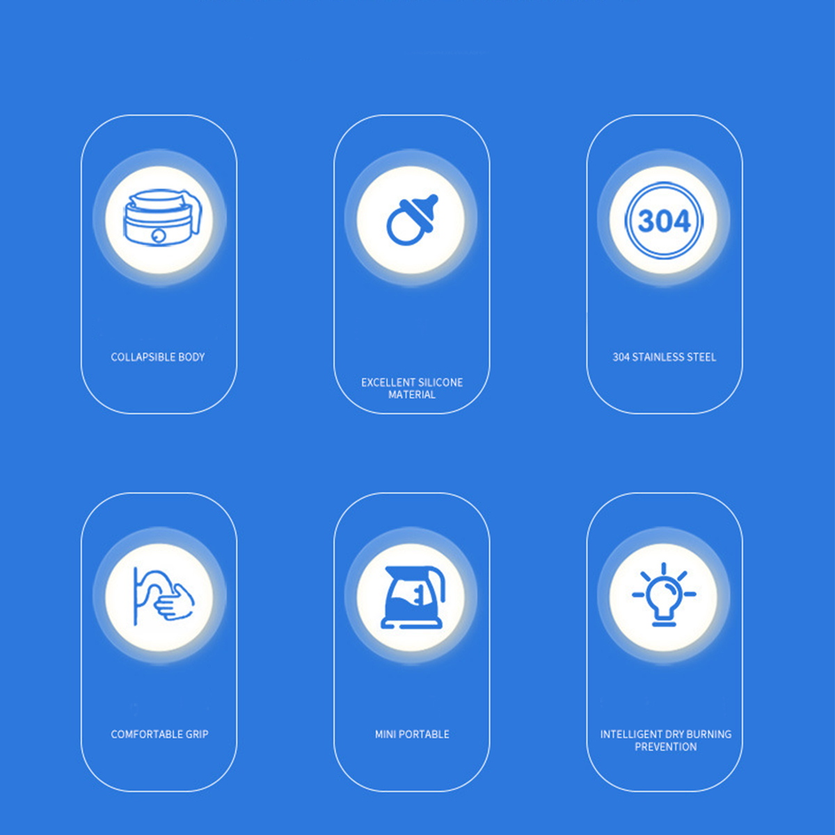 Symbole auf blauem Hintergrund, die Produktmerkmale wie Material und Griff zeigen.