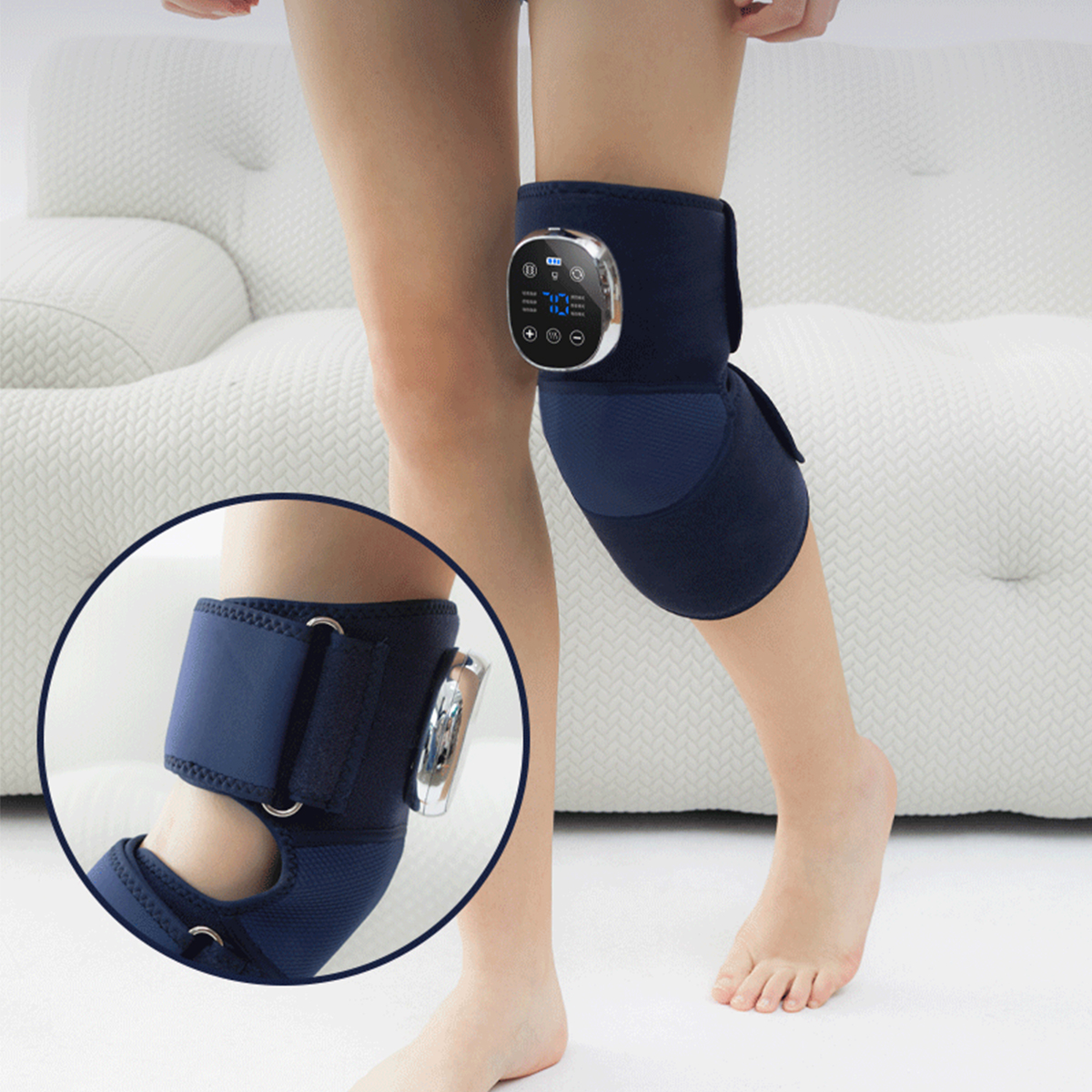 Person trägt blaue Kniebandage mit Digitalanzeige und Nahaufnahme.