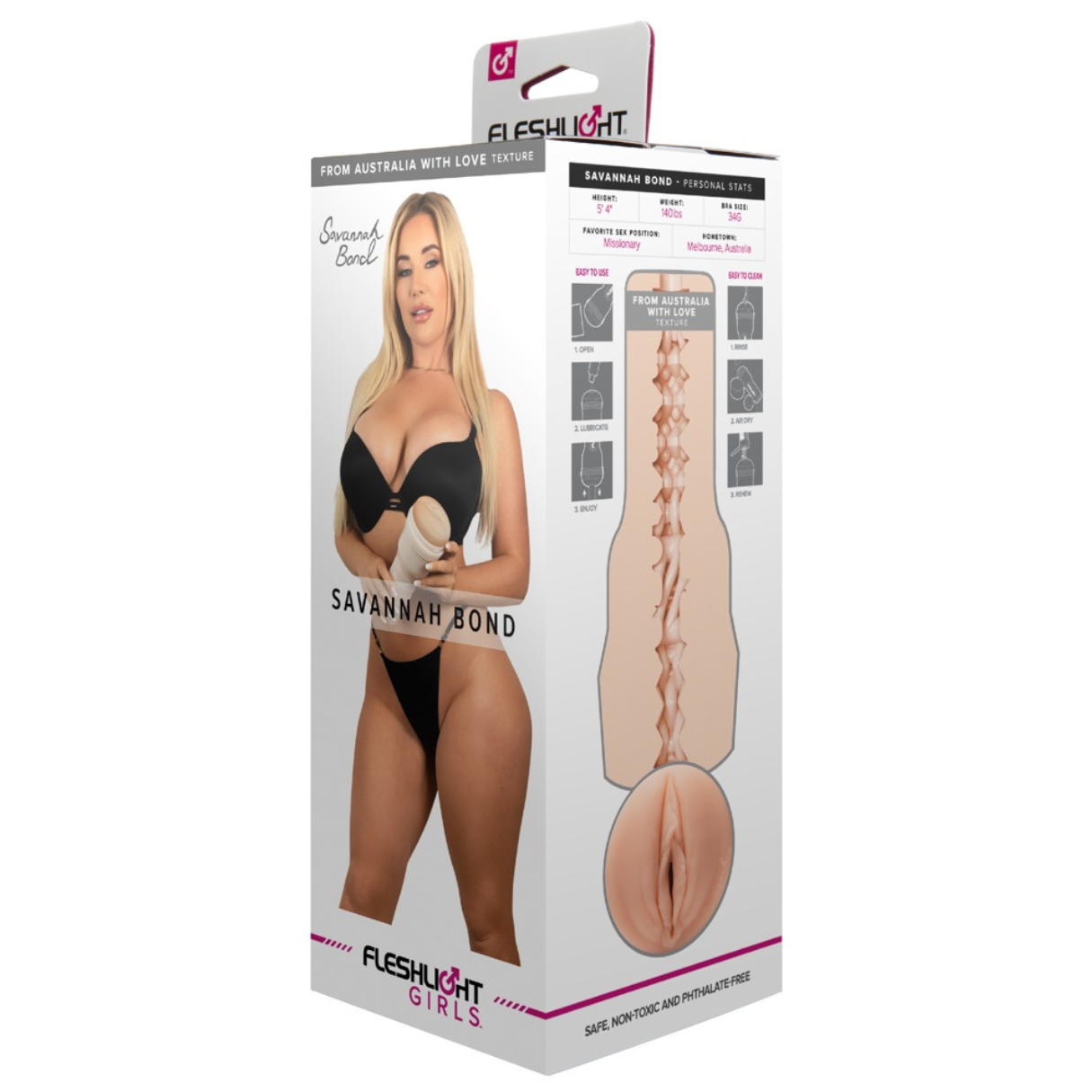 Eine Frau hält ein Fleshlight-Produkt. Die Verpackung zeigt Produktdetails und eine Nahaufnahme des Inneren des Produkts.