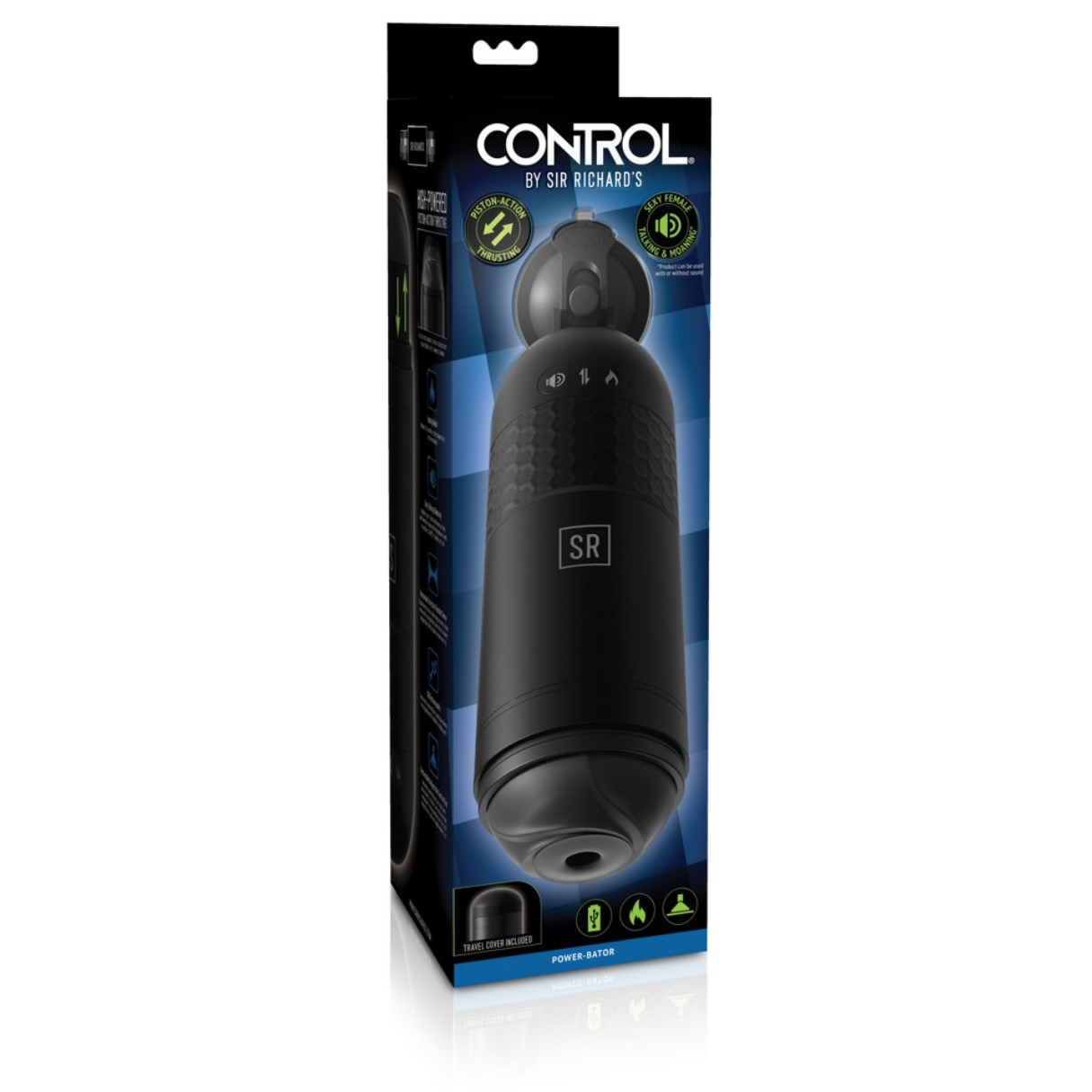 Schwarzes SR Control Sexspielzeug in Box mit Bildern und Text, weißer Hintergrund, Kolbenaktion, Power Gator.