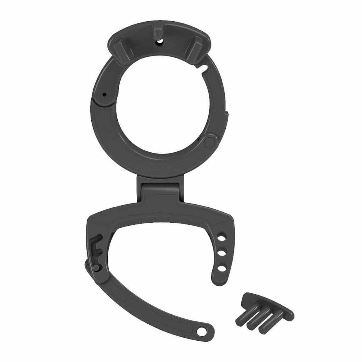 Szare, plastikowe urządzenie mechaniczne. Okrąg z zawiasem, zakrzywiony kawałek i mały kawałek.