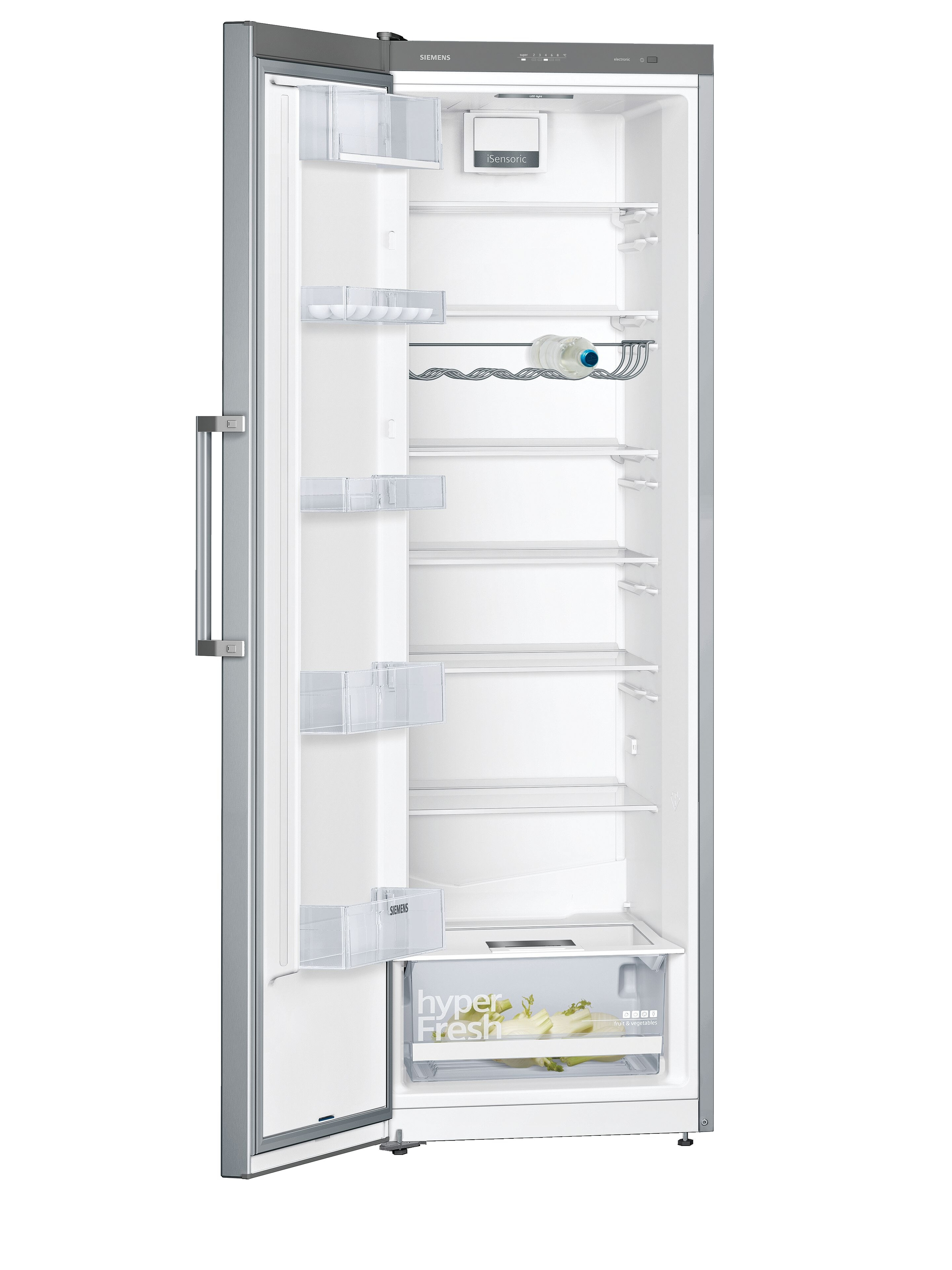 Offener Kühlschrank mit Regalen, Schubladen und Flaschenhalter. Innen weiß, außen grau. Tür ist offen.