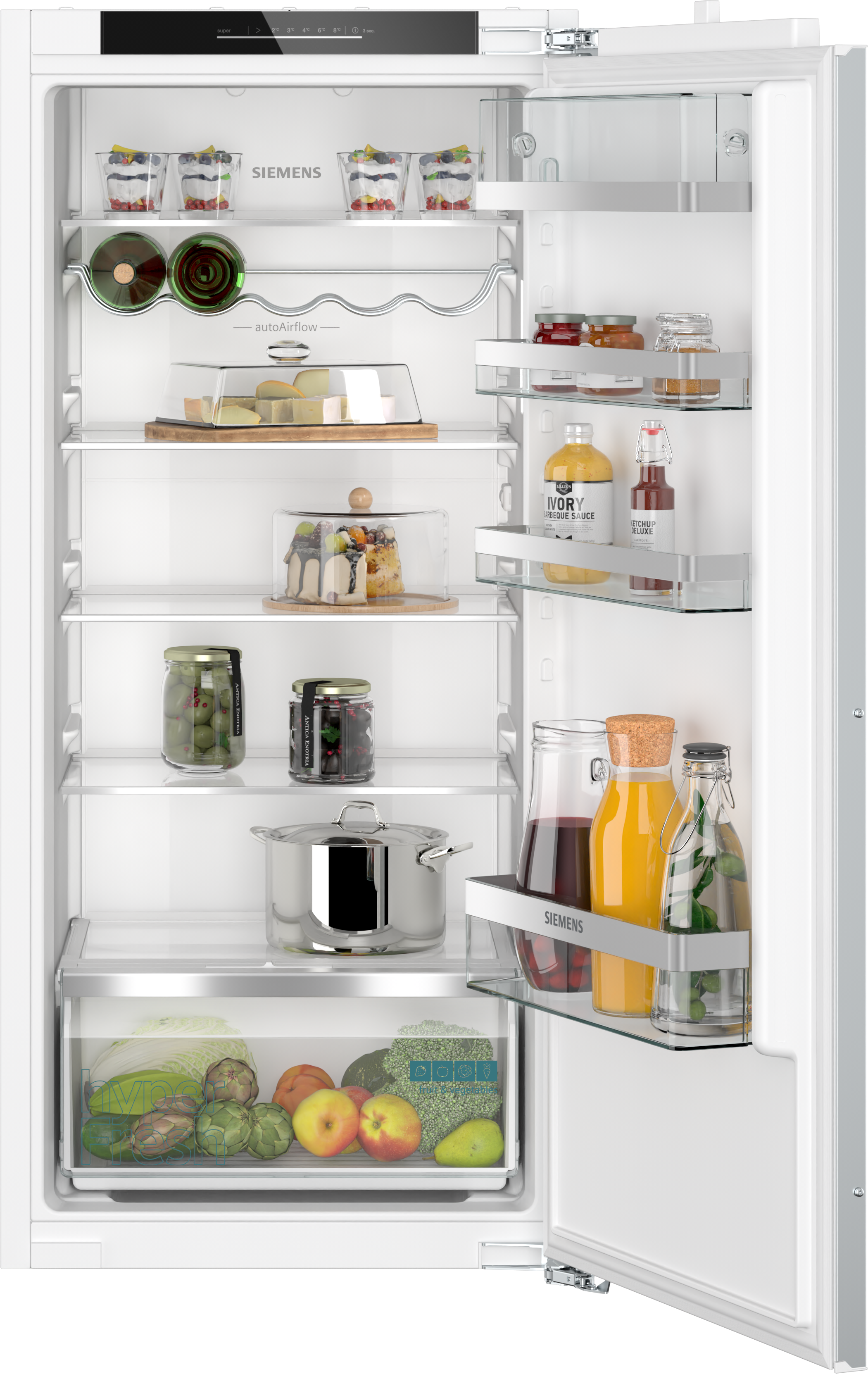 Refrigerador blanco con puerta abierta. Estantes con comida y bebidas. Logotipo de Siemens visible.
