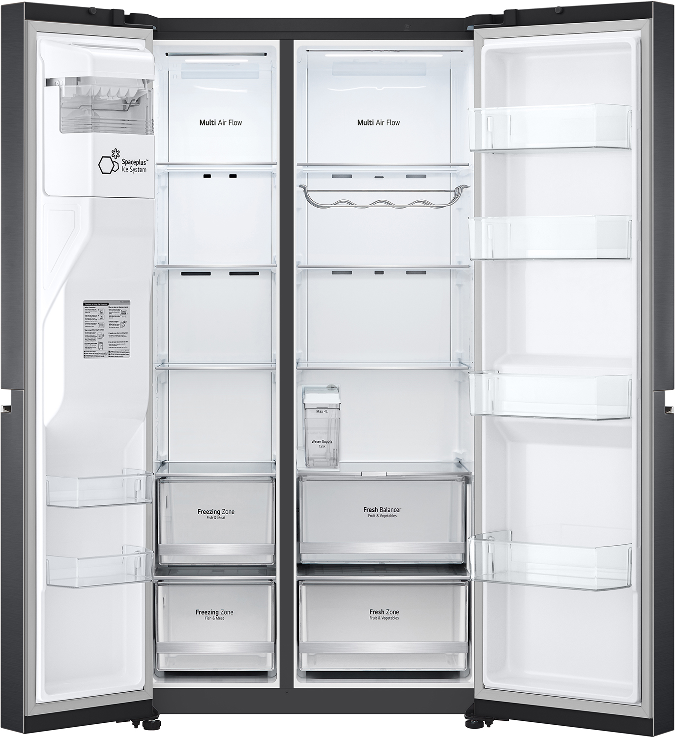 Offener Kühlschrank mit Regalen, Schubladen und Fächern mit verschiedenen Artikeln.