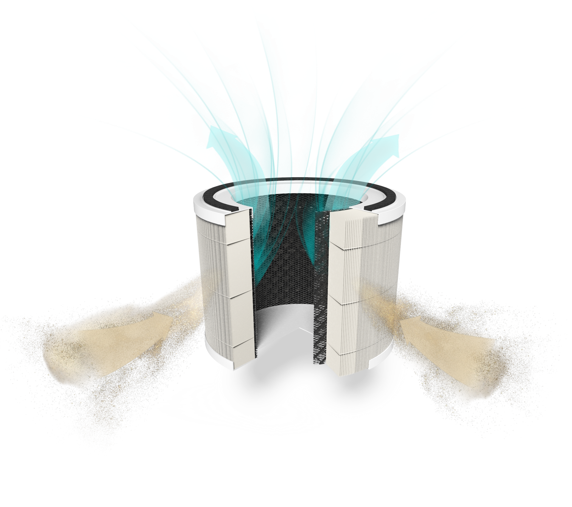 Air purifier element with sand-like particles being blown out from it. Blue air flow above.