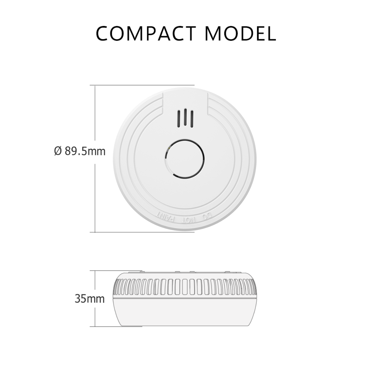 Rilevatore di fumo bianco con dimensioni e testo 'COMPACT MODEL'.