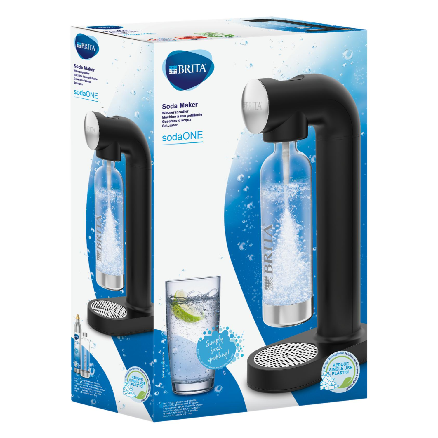 Soda Maker mit schwarzem Gehäuse, Glas Wasser mit Zitrone und Flasche in der Box, und eine Box mit Produktdetails.