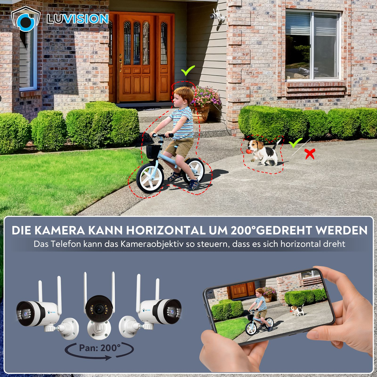 Ein Junge fährt Fahrrad. Eine Kamera zeigt die Szene und ein Telefon steuert die Ansicht.