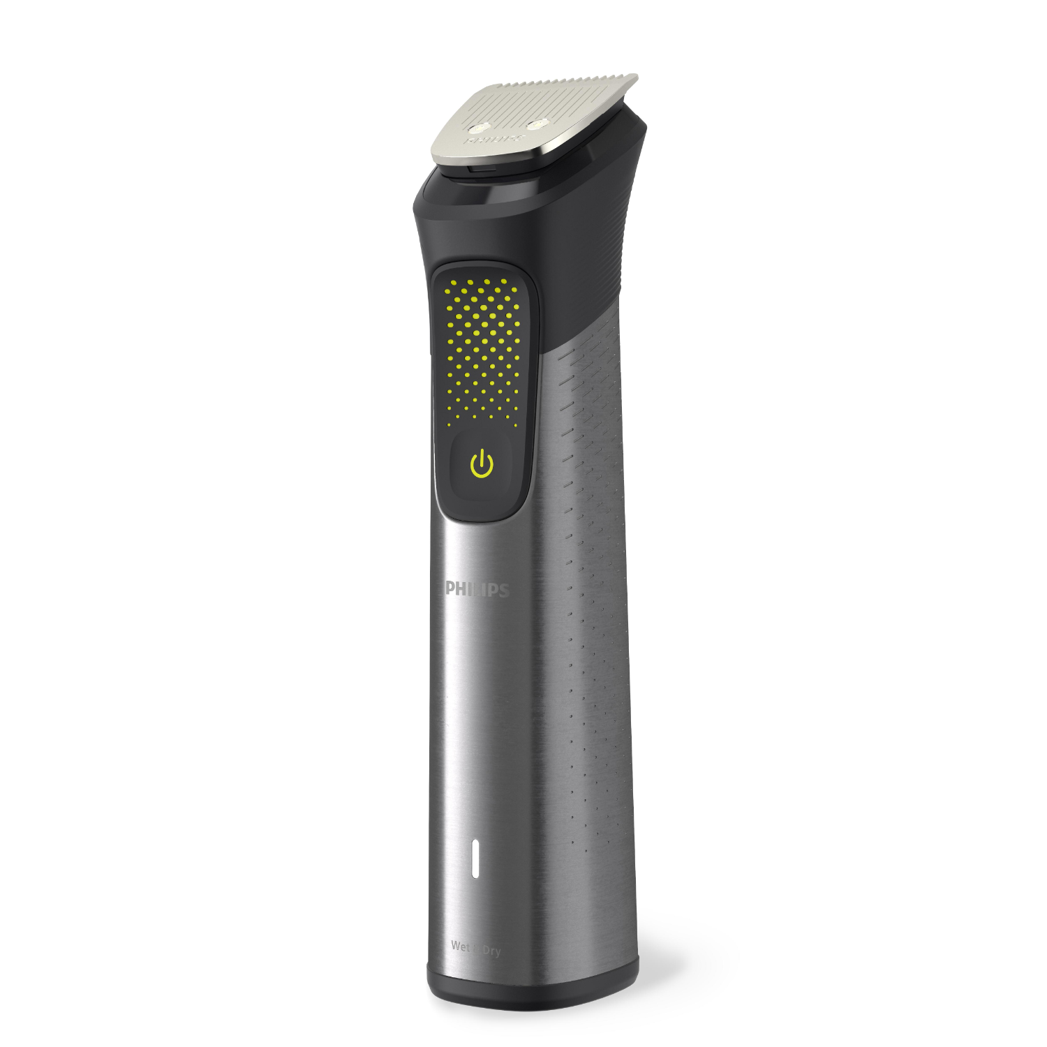 Silber-schwarzer Philips Bodygroomer. Er steht aufrecht. Der Einschaltknopf leuchtet.
