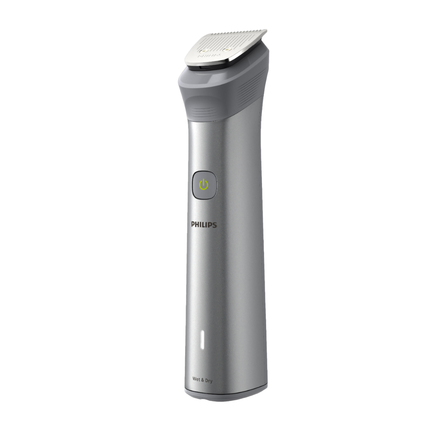 Silberner Philips Trimmer. Der Griff hat einen grünen Ein-Aus-Knopf und eine Anzeige.