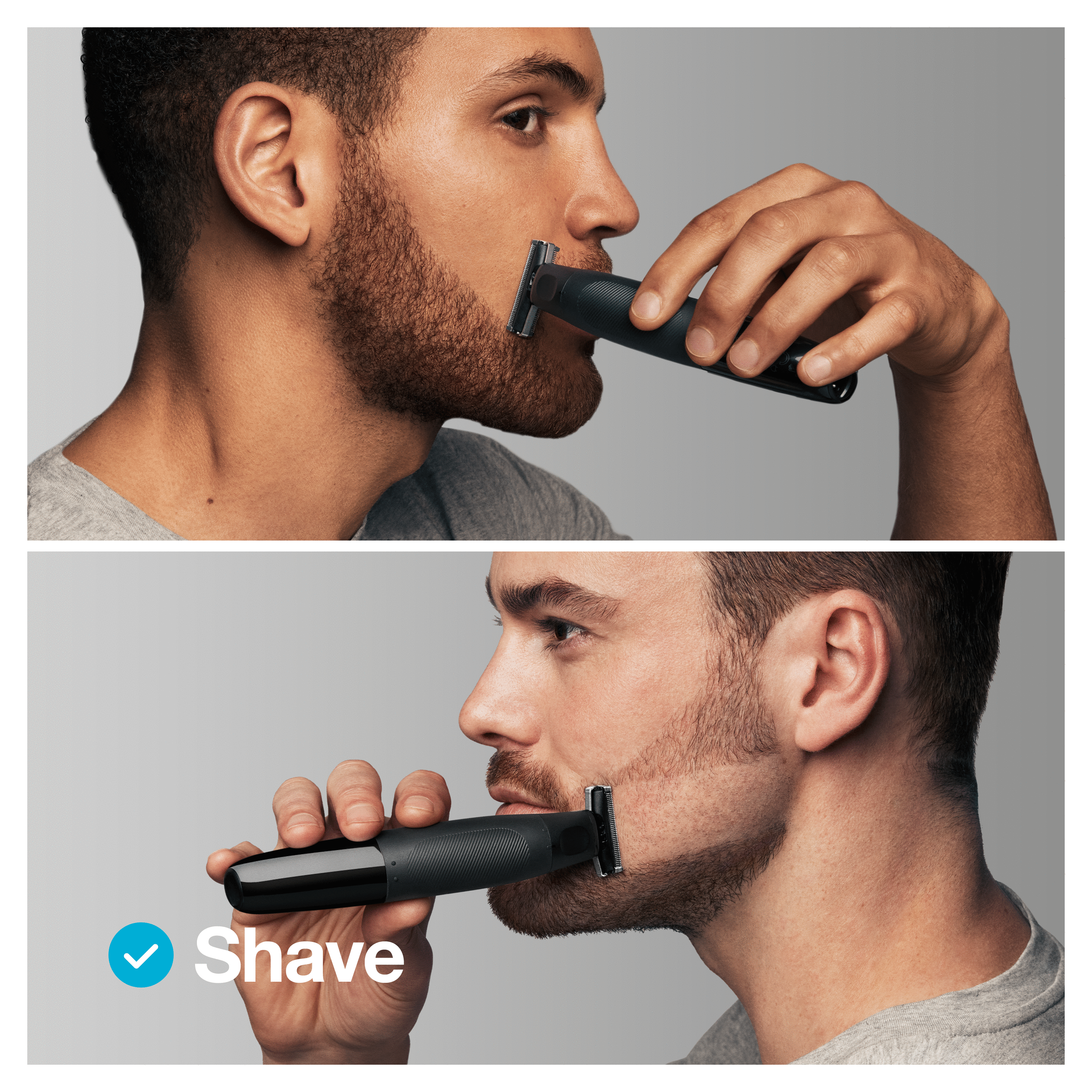 Hombre se afeita la barba con una maquinilla eléctrica negra. La palabra 'Shave' está en la imagen.