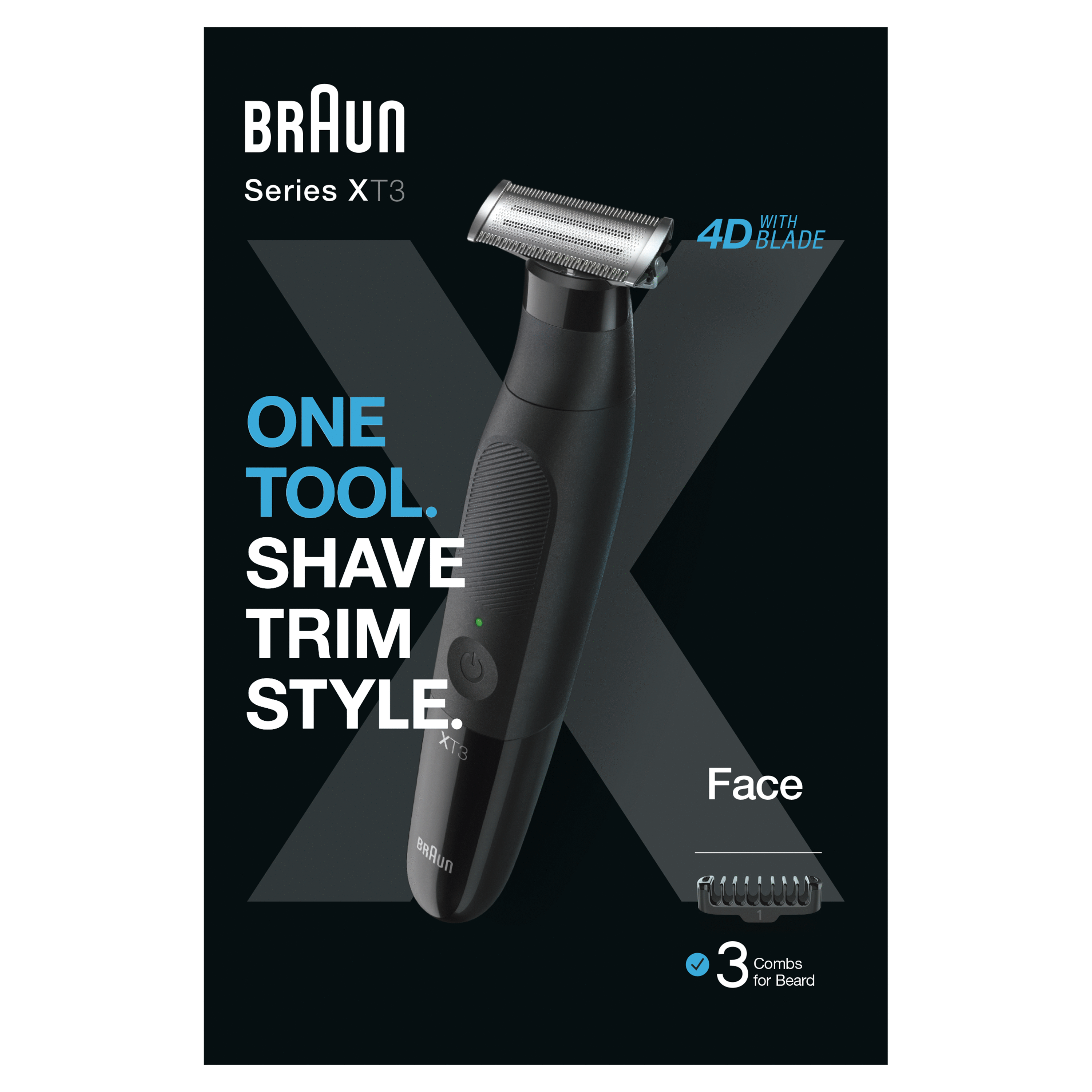 Afeitadora Braun con texto: UNA HERRAMIENTA. AFEITAR RECORTAR ESTILO. 3 peines para barba. Fondo negro.