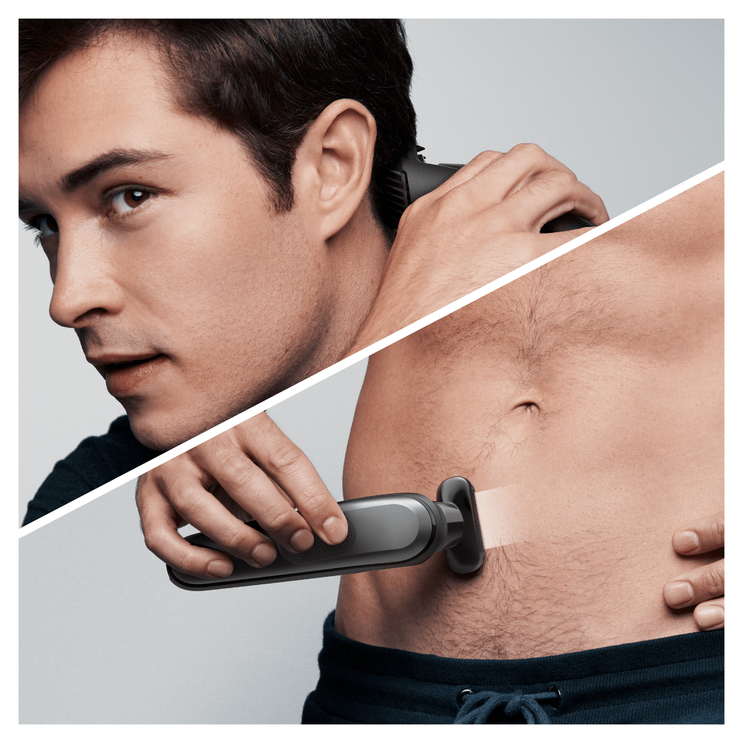 Hombre usando recortadora en cuello y estómago. Primer plano de la recortadora en acción.