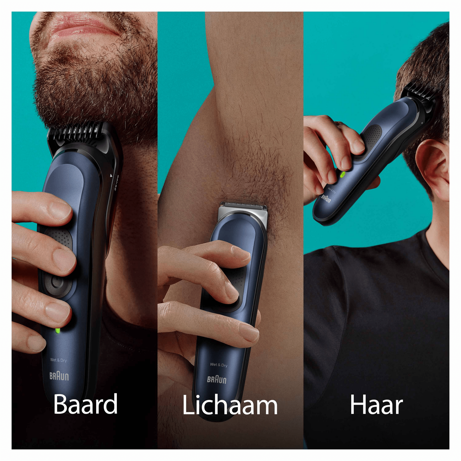 Tres paneles que muestran a un hombre afeitando barba, axila y cabello con una recortadora.