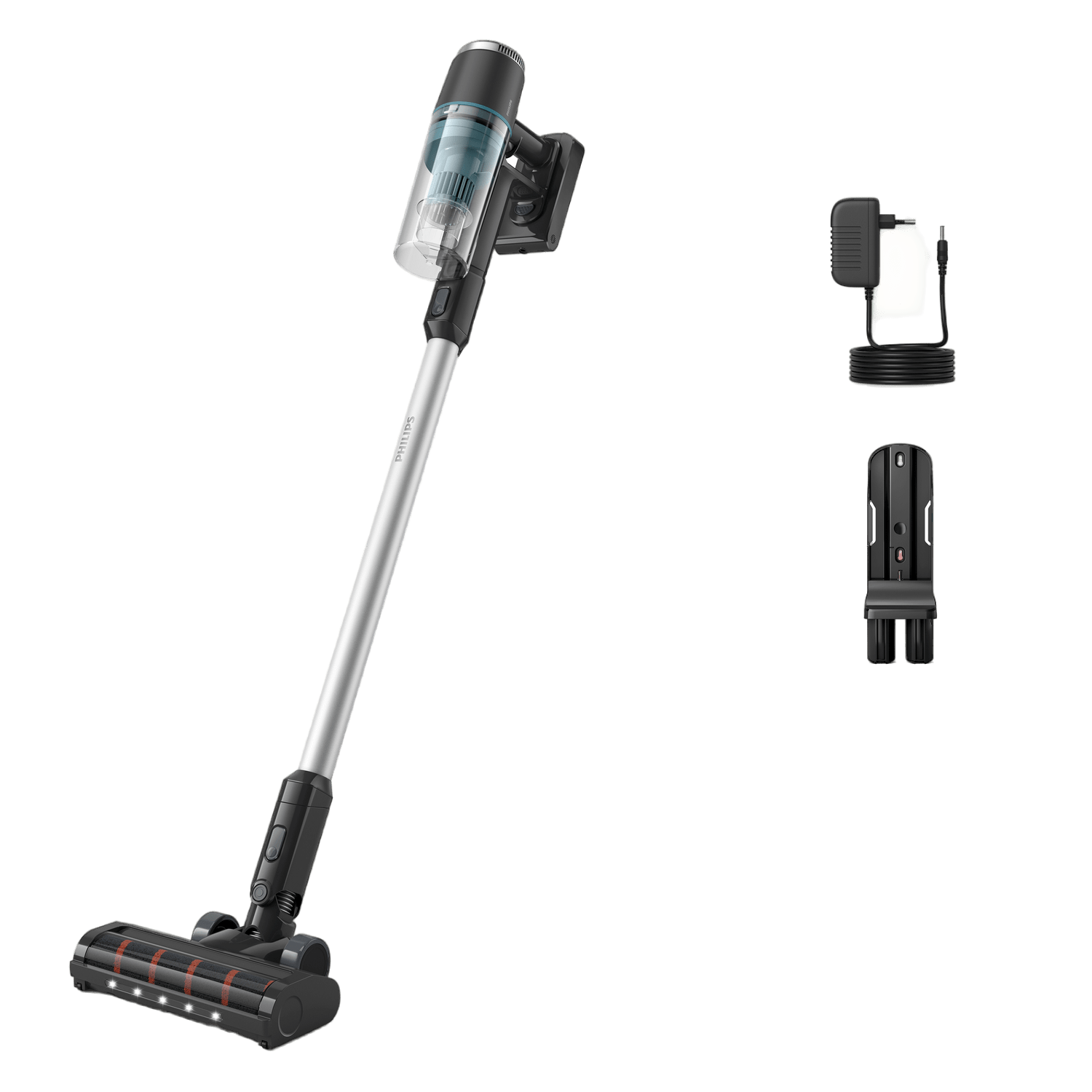 Odkurzacz bezprzewodowy z osprzętem, czarne tło.