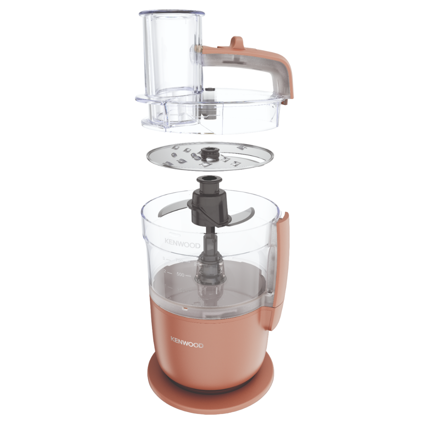Widok rozstrzelony różowego robota kuchennego Kenwood. Zawiera podstawę, ostrze i pojemnik.