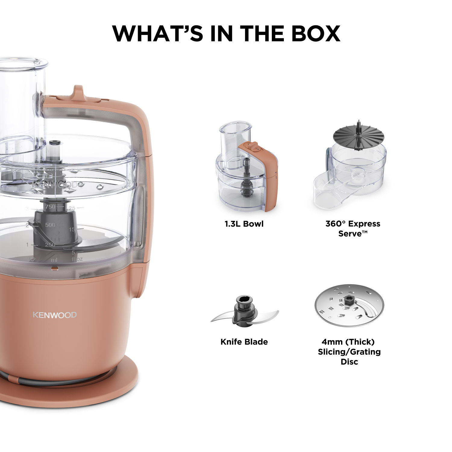 Robot kuchenny Kenwood z przezroczystą misą i komponentami.