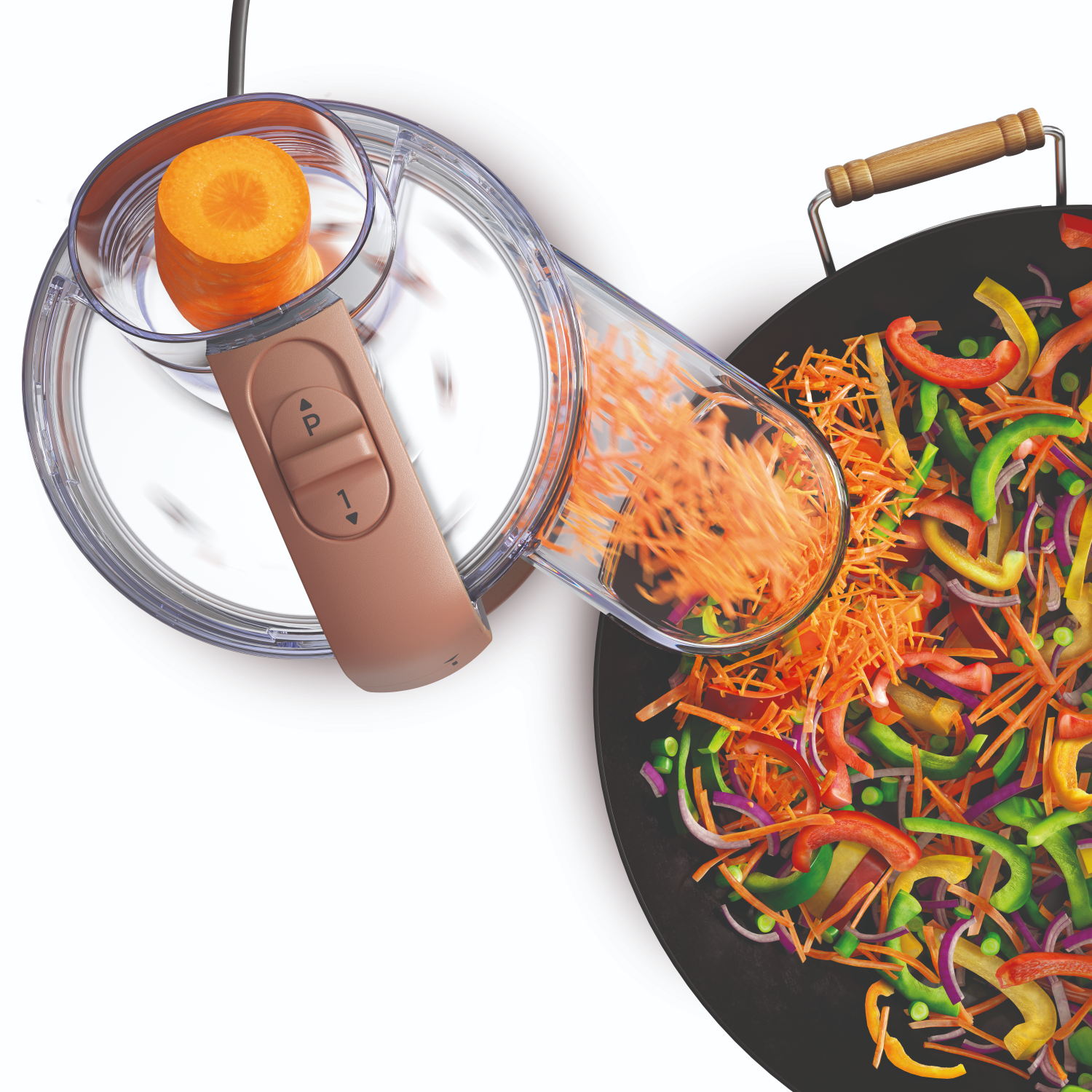 Robot kuchenny krojący marchew i warzywa. Pokrojona marchew i posiekane warzywa na patelni.