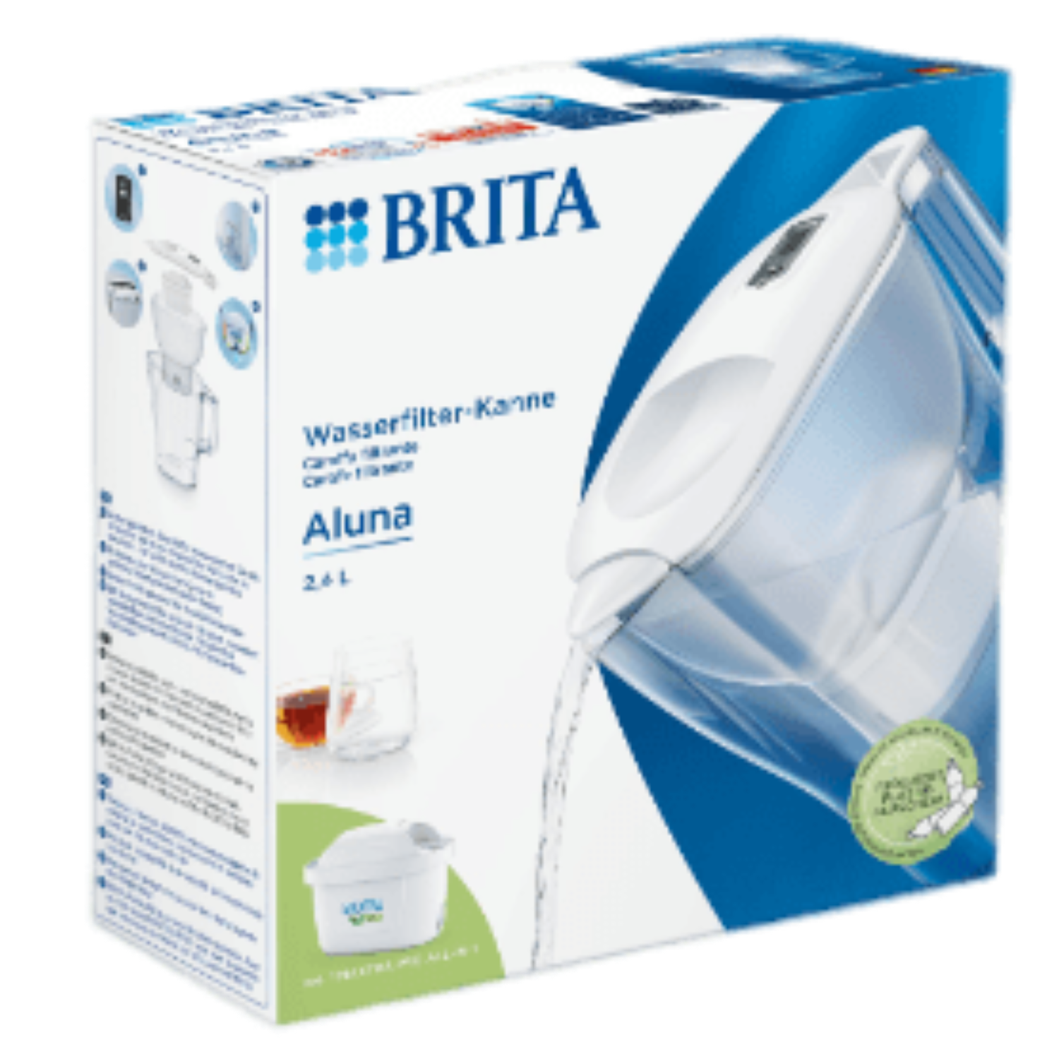 Pudełko dzbanka z filtrem wody z białym dzbankiem nalewającym wodę i dodatkowymi zdjęciami produktu.