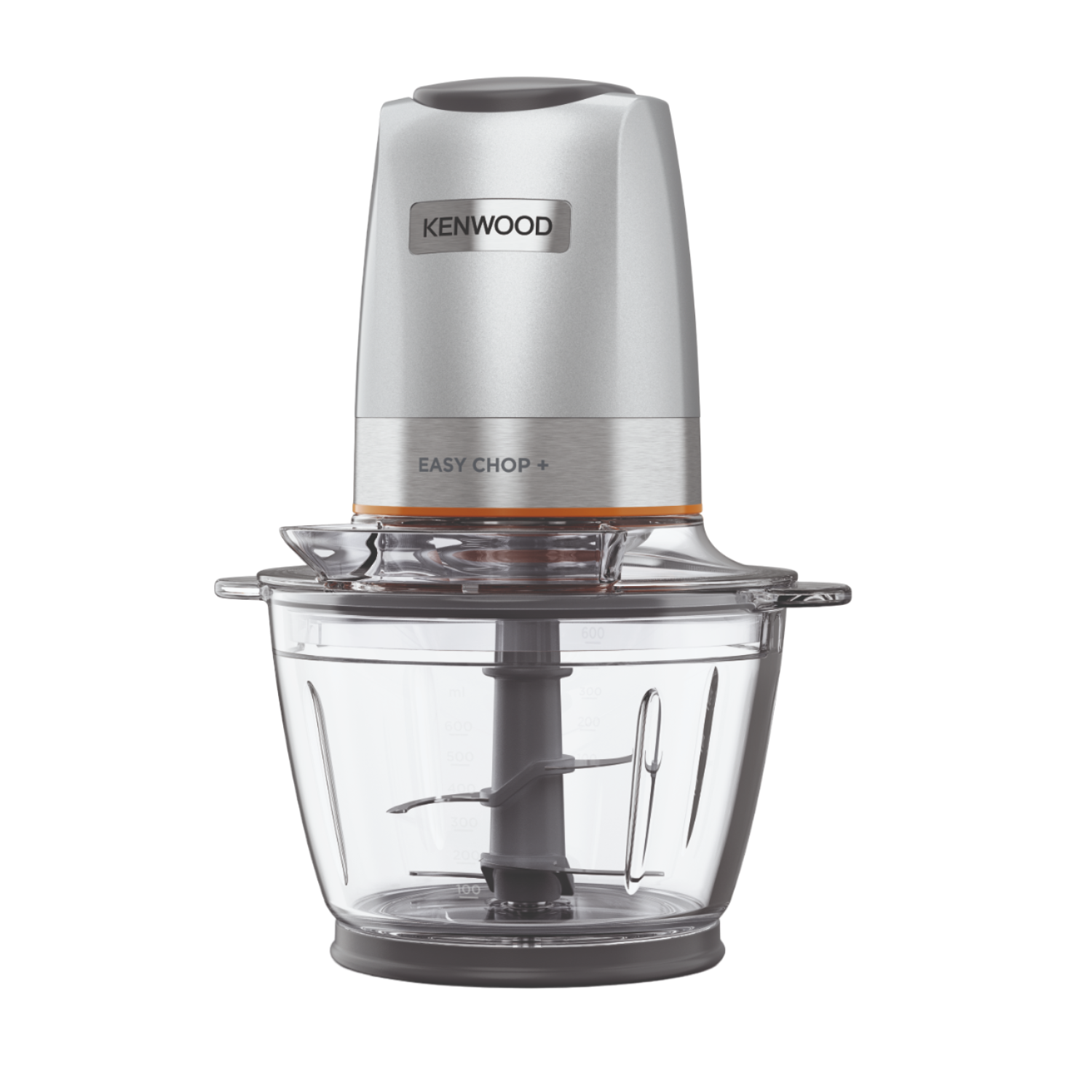 Gümüş ve gri Kenwood Easy Chop+ mutfak robotu. Şeffaf bir kasede duruyor, siyah zemin.