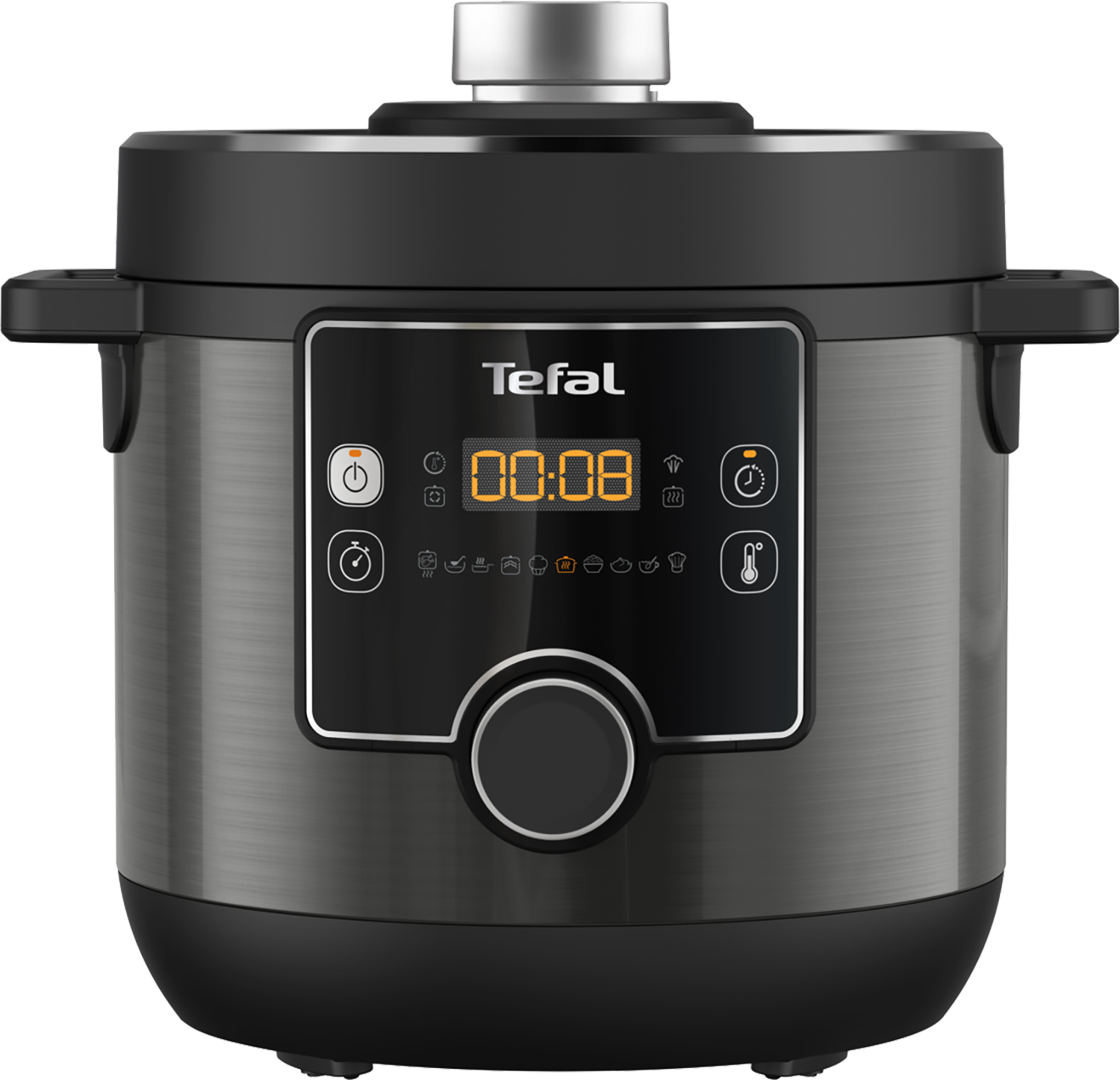 Srebrno-czarny multicooker Tefal z cyfrowym wyświetlaczem 00:08.