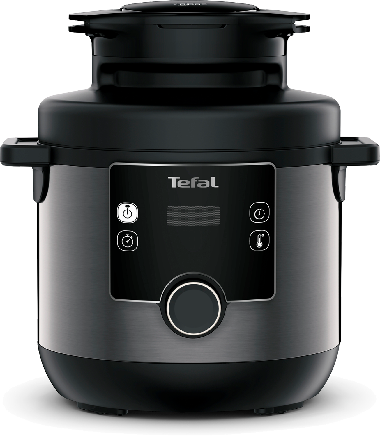 Czarny multicooker Tefal, pokazujący panel sterowania z przyciskami i wyświetlaczem.