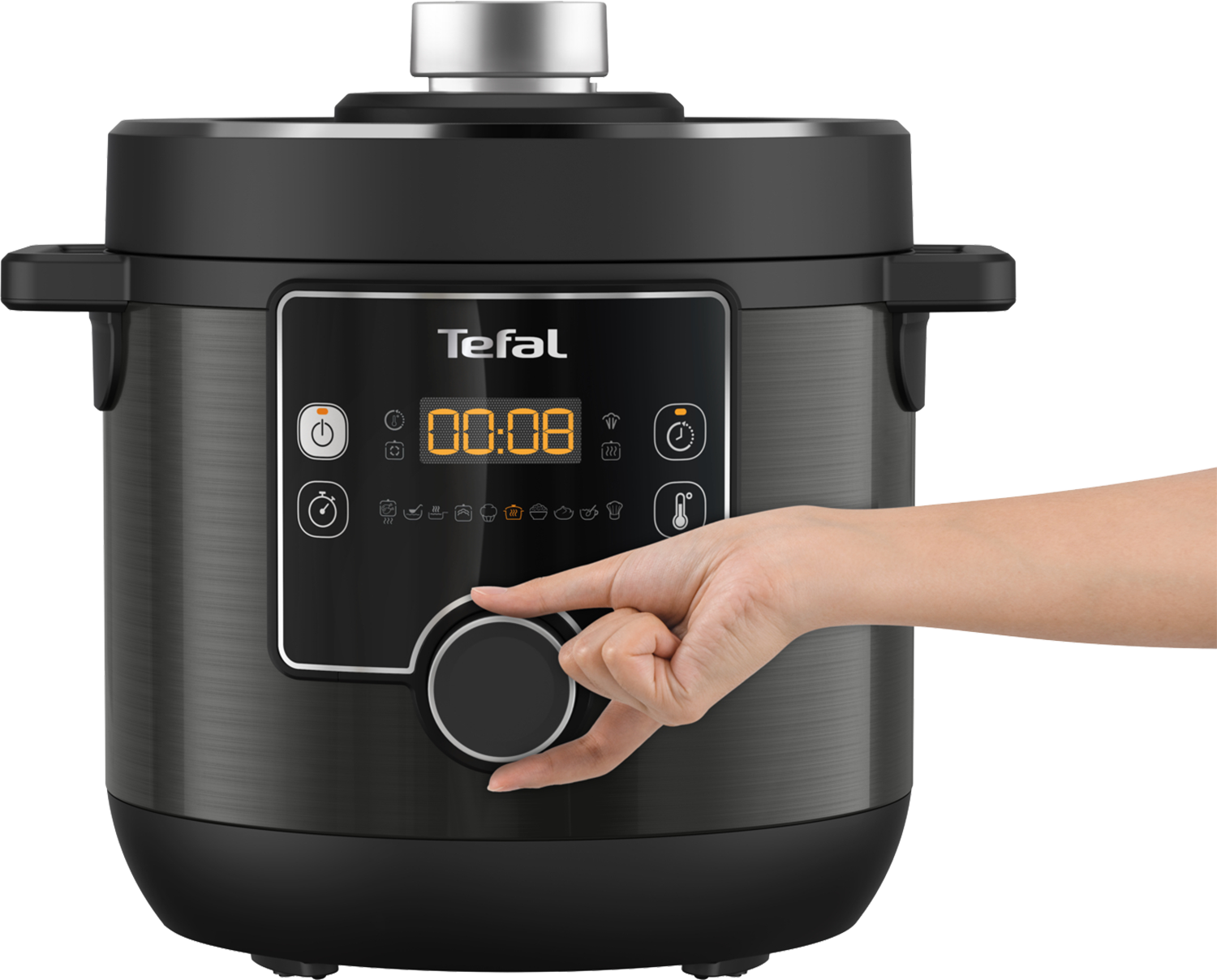 Czarny szybkowar z ręką osoby kręcącą pokrętłem. Wyświetlacz cyfrowy.