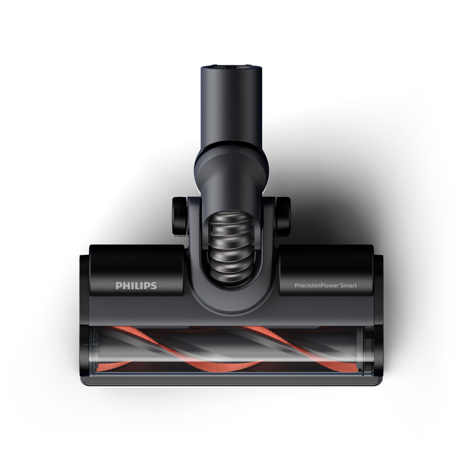 Widok z góry na nasadkę do odkurzacza Philips, czarną i pomarańczową.