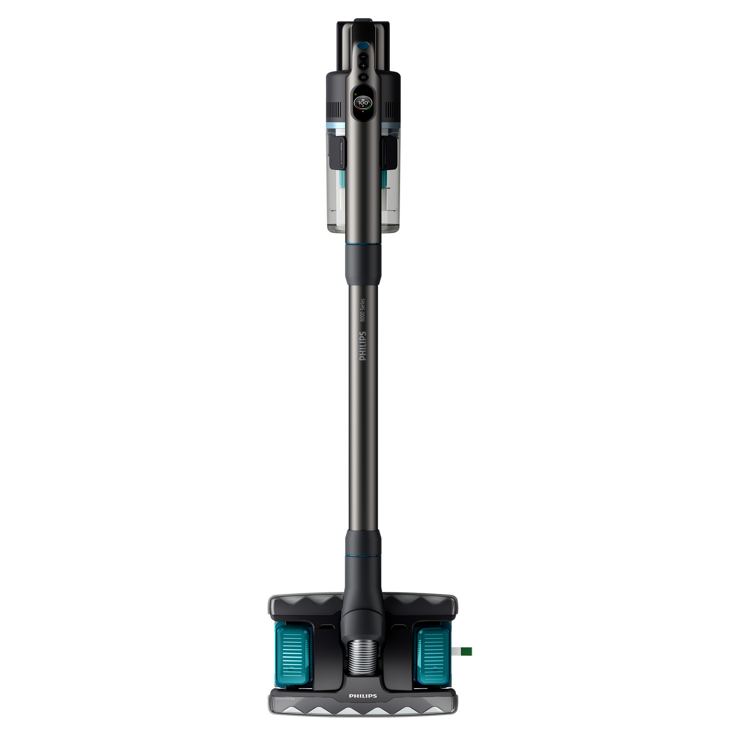 Bezprzewodowy odkurzacz, szary i niebiesko-zielony, z marką Philips.
