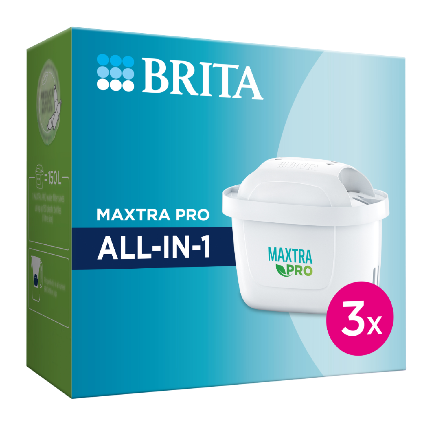 Brita Wasserfilter in Box. Weißer Filter und pinkes '3x' Etikett sind sichtbar. Blaue und grüne Box.