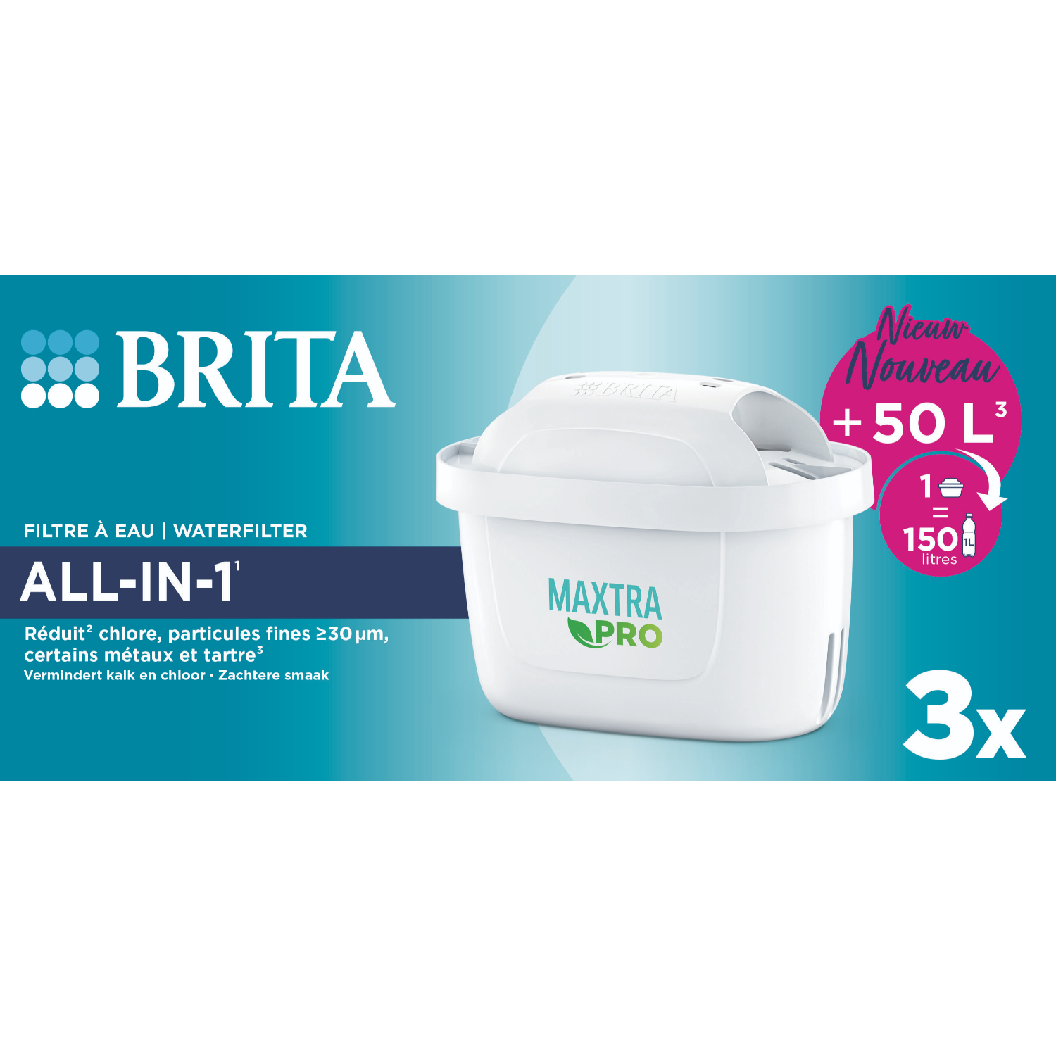 Weißer Wasserfilter mit Text, Verpackung und drei Filterpatronen.