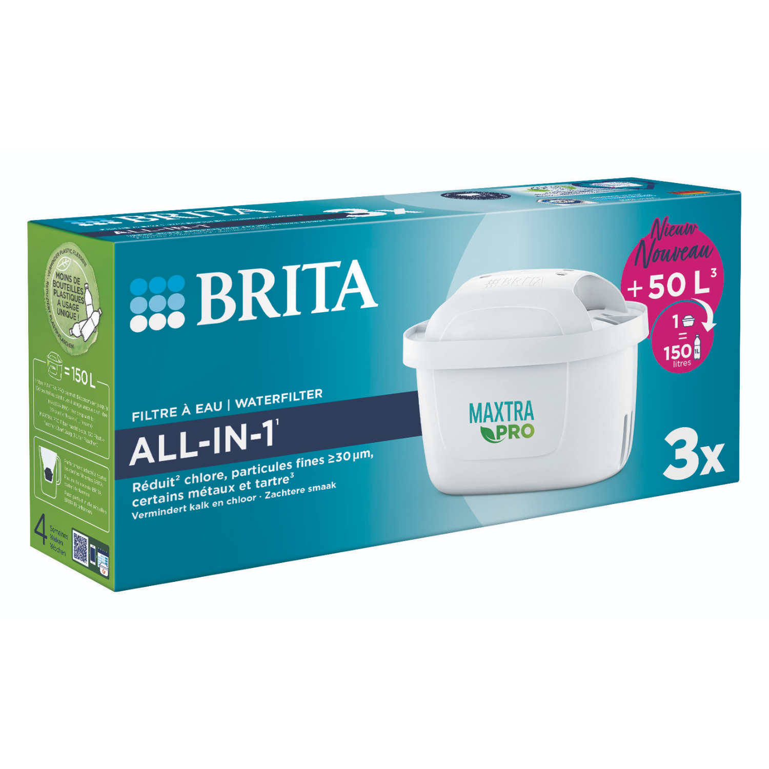 Brita Wasserfilterbox, weißer Filter innen. Text: All-in-1, reduziert Chlor, etc.